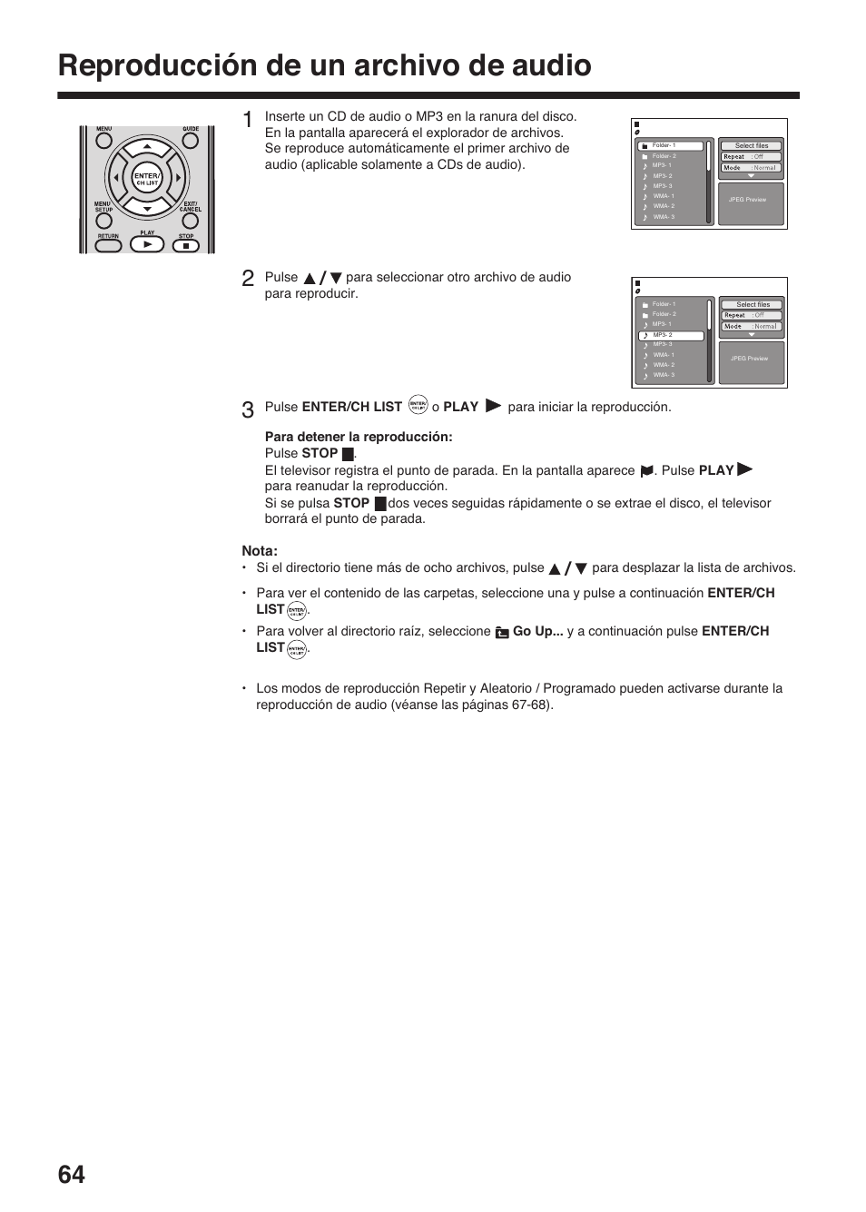 Reproducción de un archivo de audio | Toshiba DV734 User Manual | Page 64 / 96