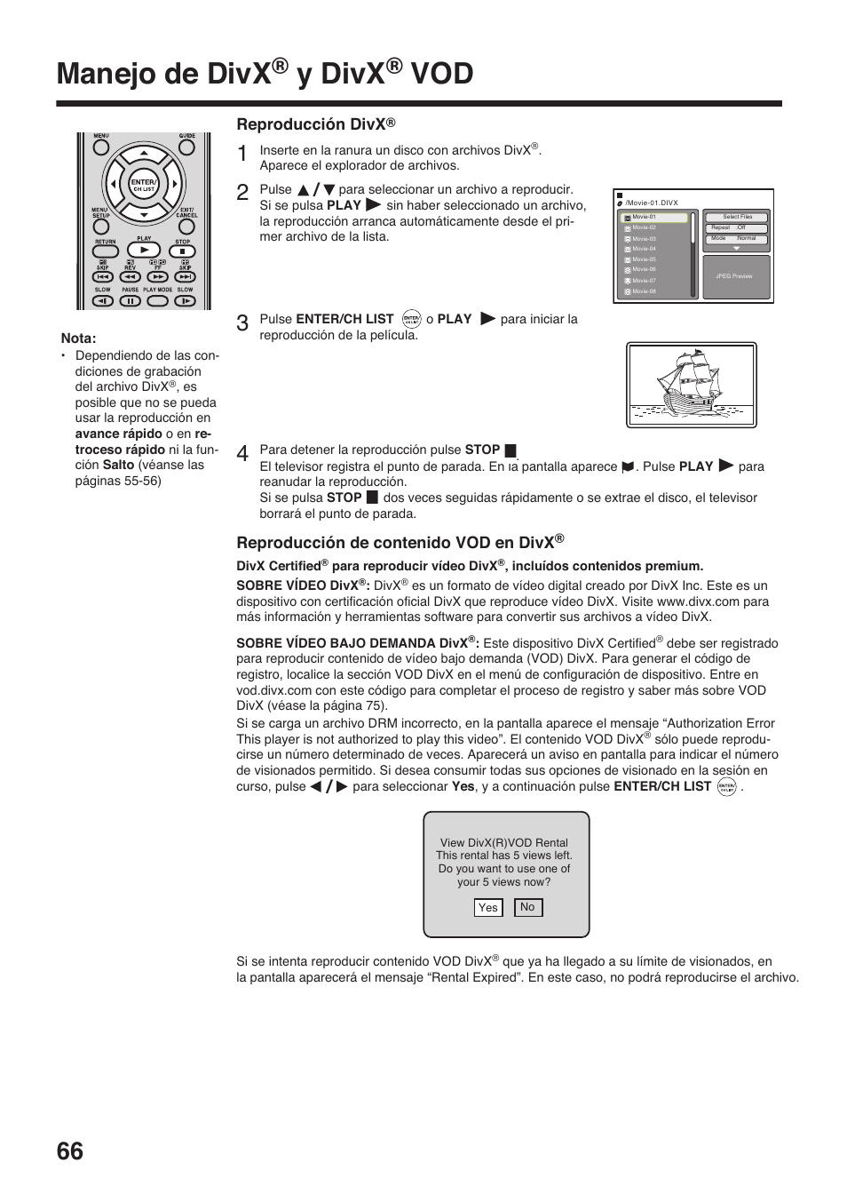 Manejo de divx, Y divx | Toshiba DV734 User Manual | Page 66 / 96