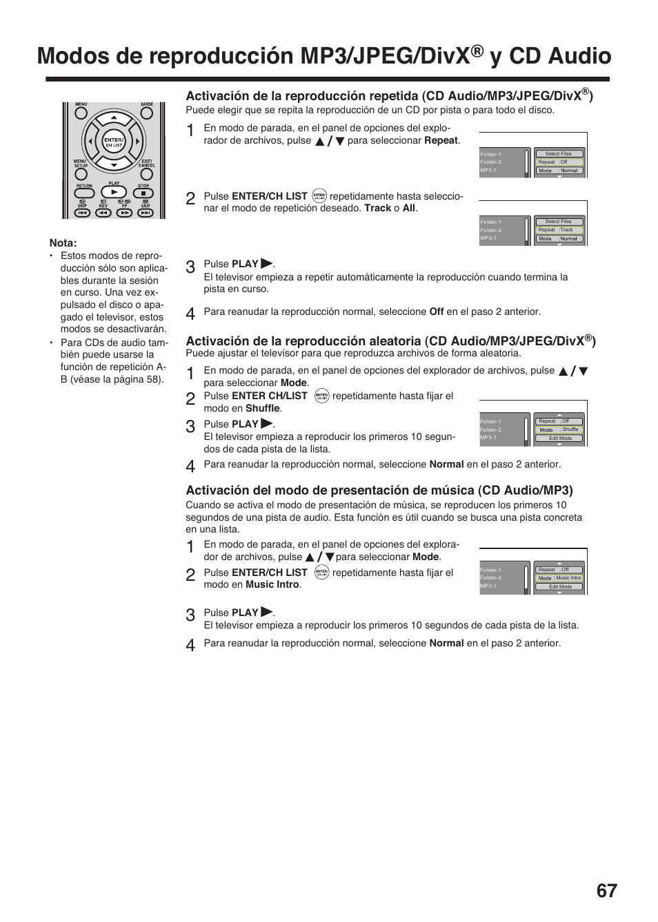 Modos de reproducción mp3/jpeg/divx, Y cd audio | Toshiba DV734 User Manual | Page 67 / 96