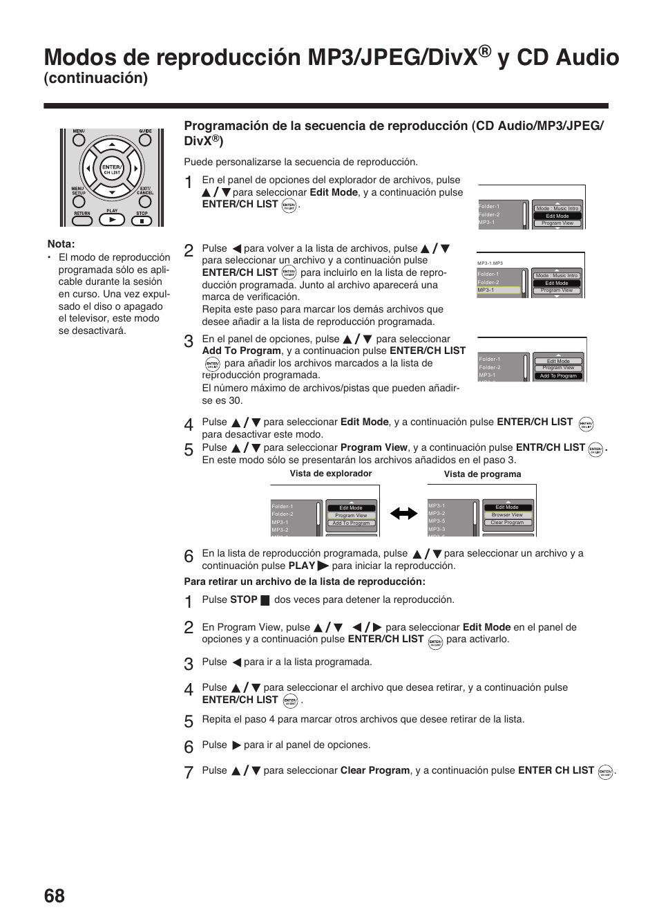 Modos de reproducción mp3/jpeg/divx, Y cd audio, Continuación) | Toshiba DV734 User Manual | Page 68 / 96