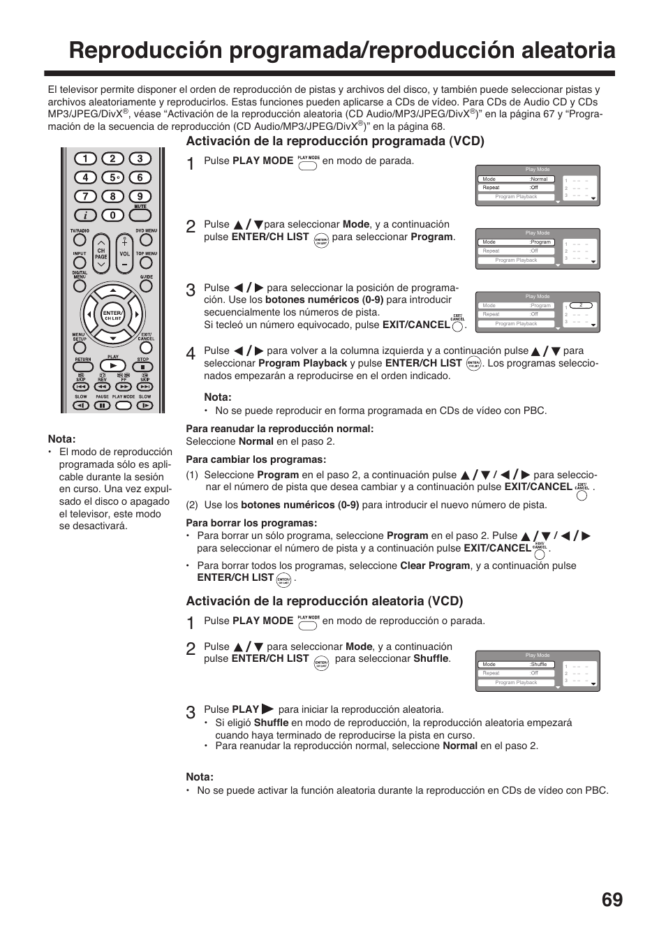 Reproducción programada/reproducción aleatoria | Toshiba DV734 User Manual | Page 69 / 96