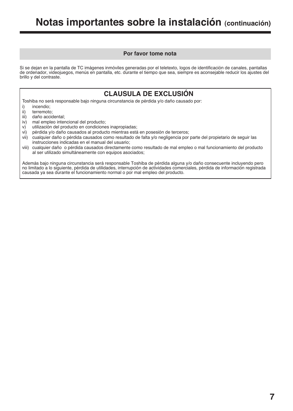 Notas importantes sobre la instalación, Continuación), Clausula de exclusión | Toshiba DV734 User Manual | Page 7 / 96