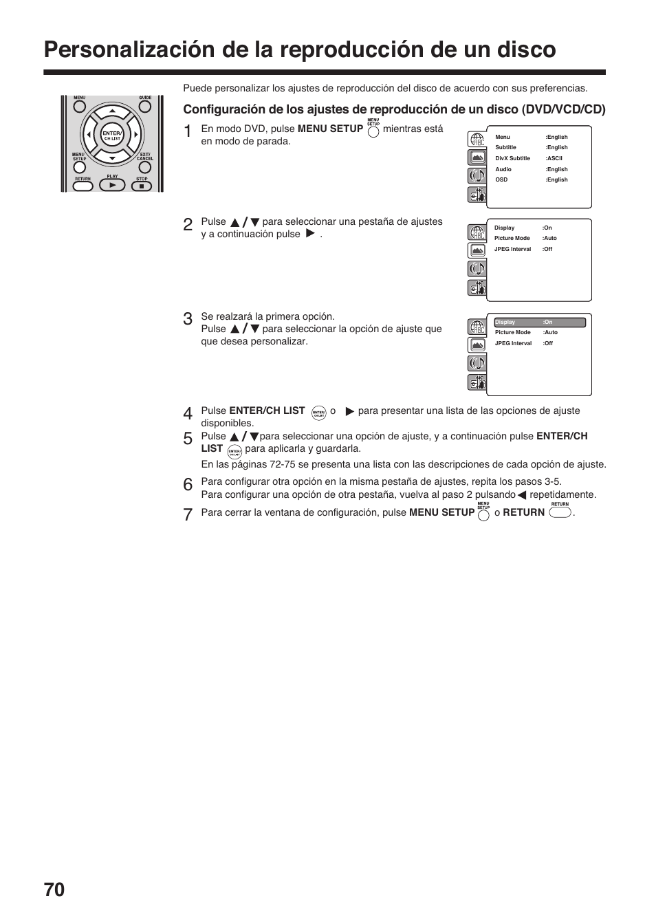 Personalización de la reproducción de un disco | Toshiba DV734 User Manual | Page 70 / 96