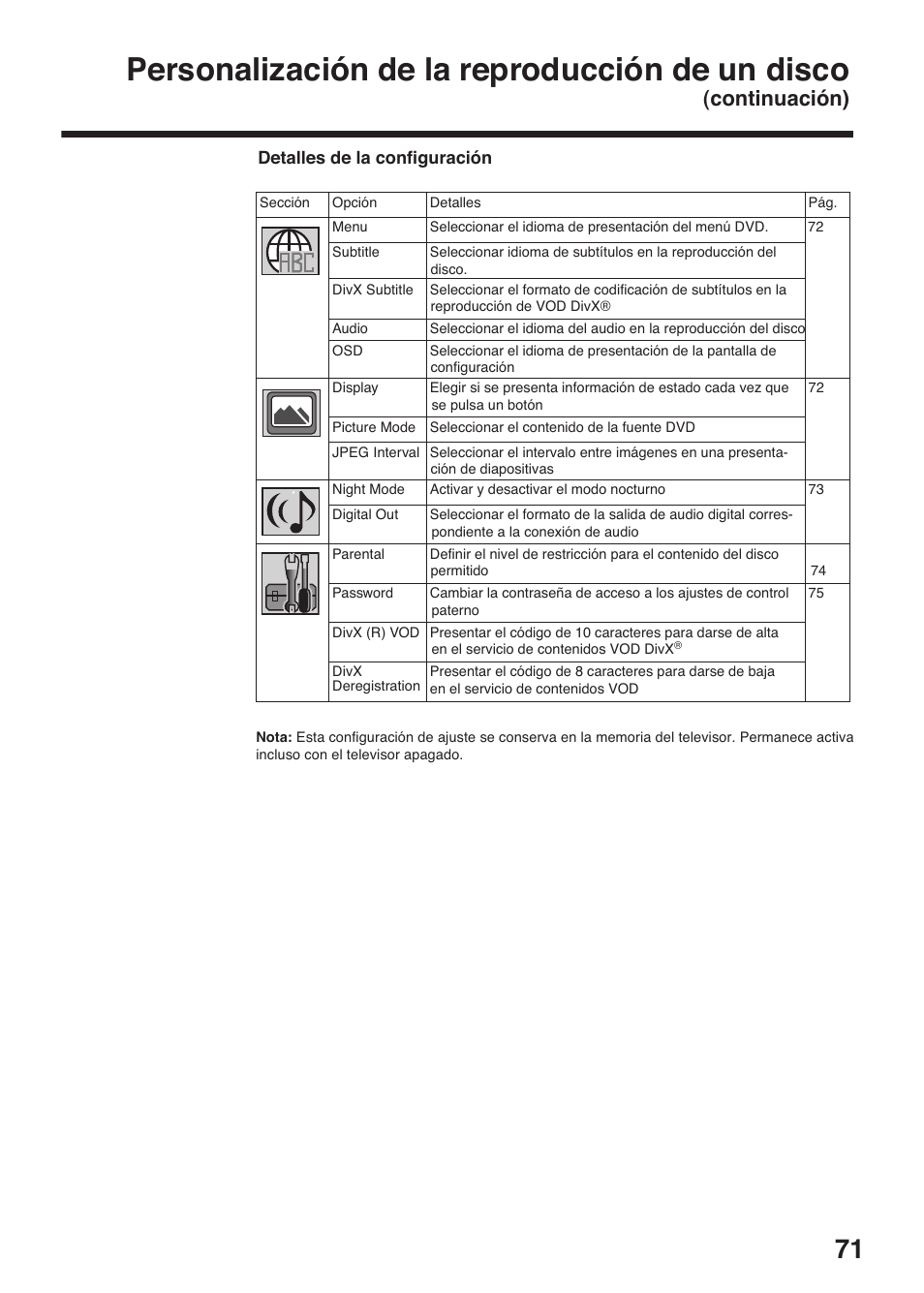 Personalización de la reproducción de un disco, Continuación) | Toshiba DV734 User Manual | Page 71 / 96