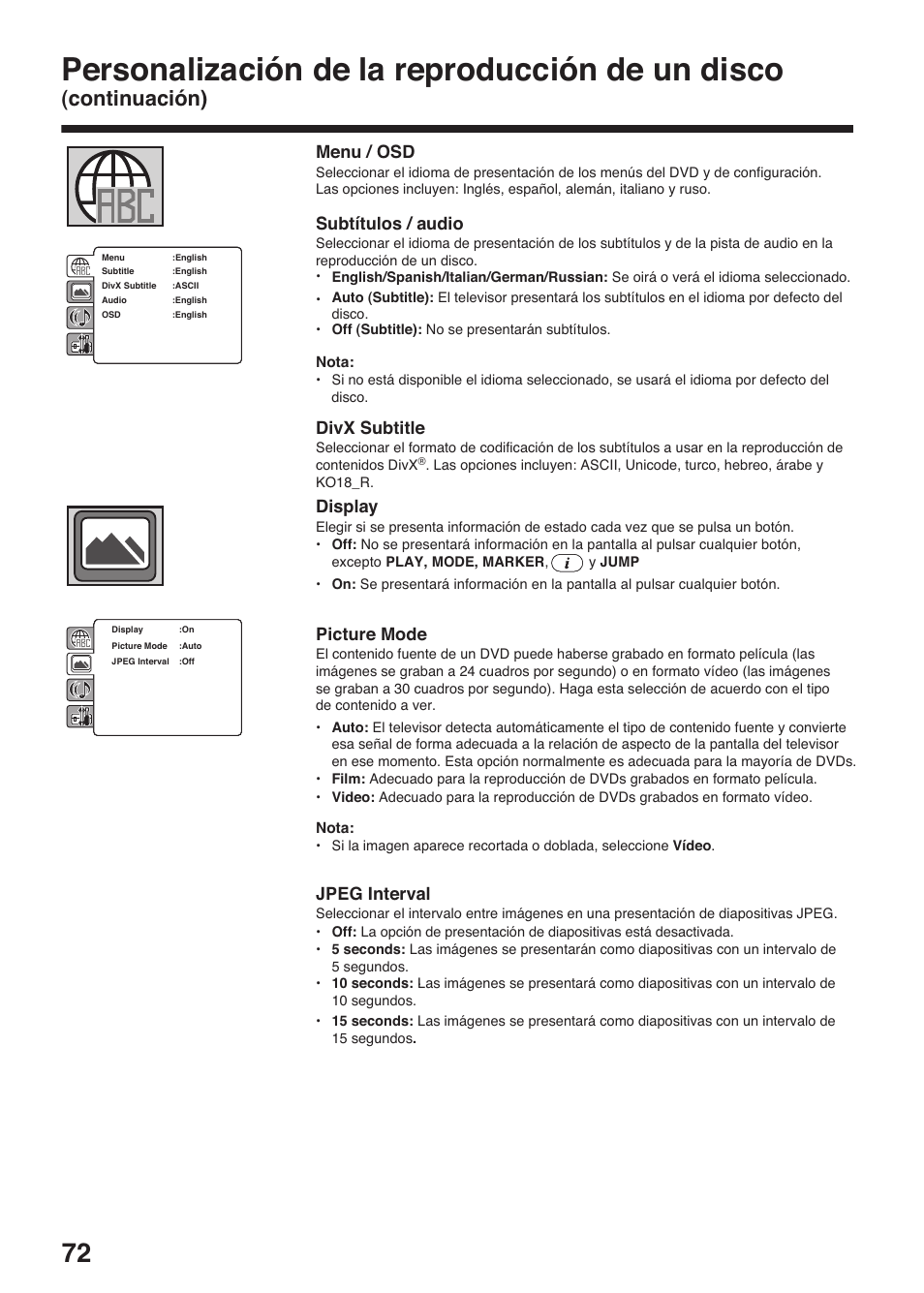 Personalización de la reproducción de un disco, Continuación), Menu / osd | Subtítulos / audio, Divx subtitle, Display, Picture mode, Jpeg interval | Toshiba DV734 User Manual | Page 72 / 96