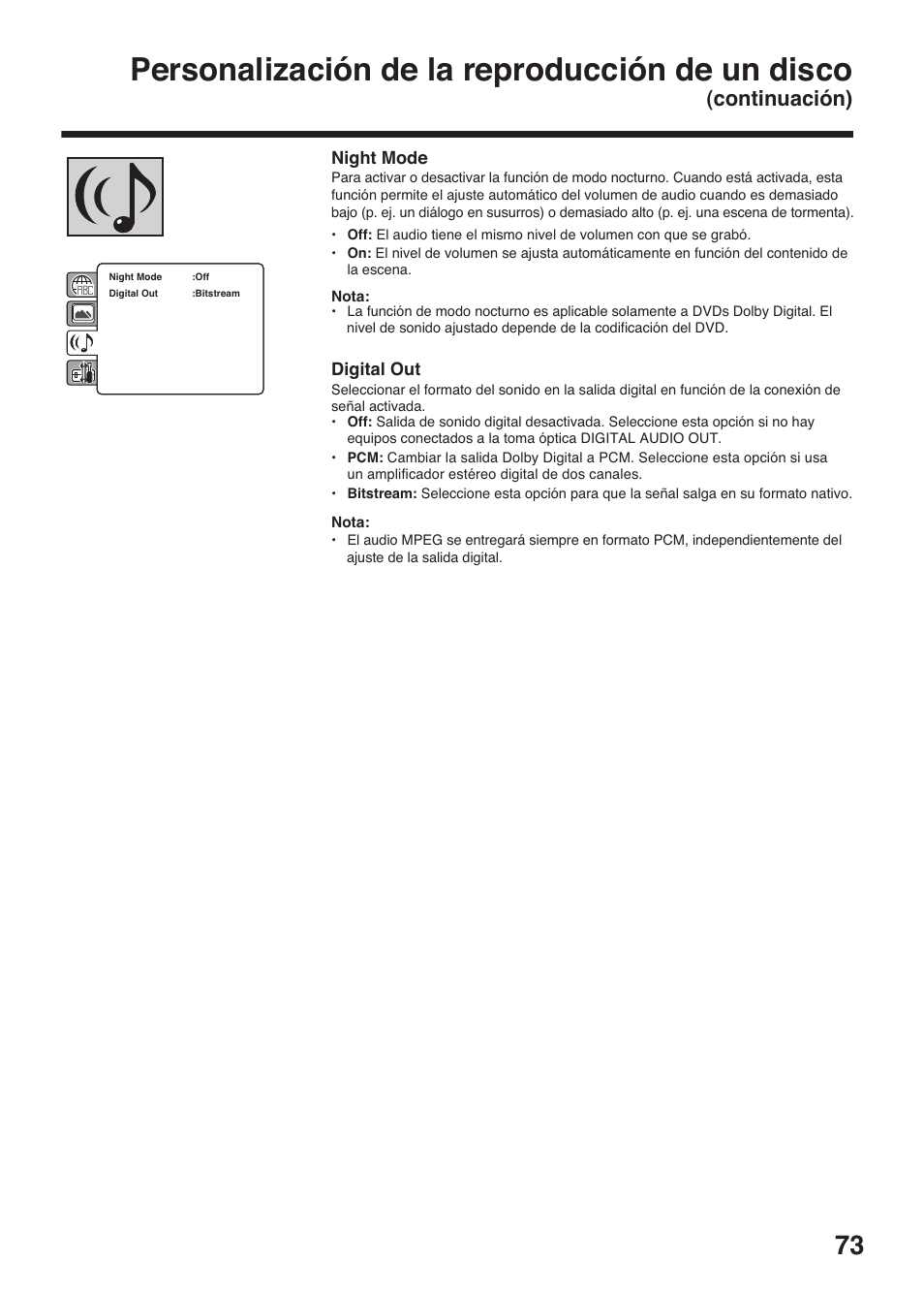 Personalización de la reproducción de un disco, Continuación), Night mode | Digital out | Toshiba DV734 User Manual | Page 73 / 96
