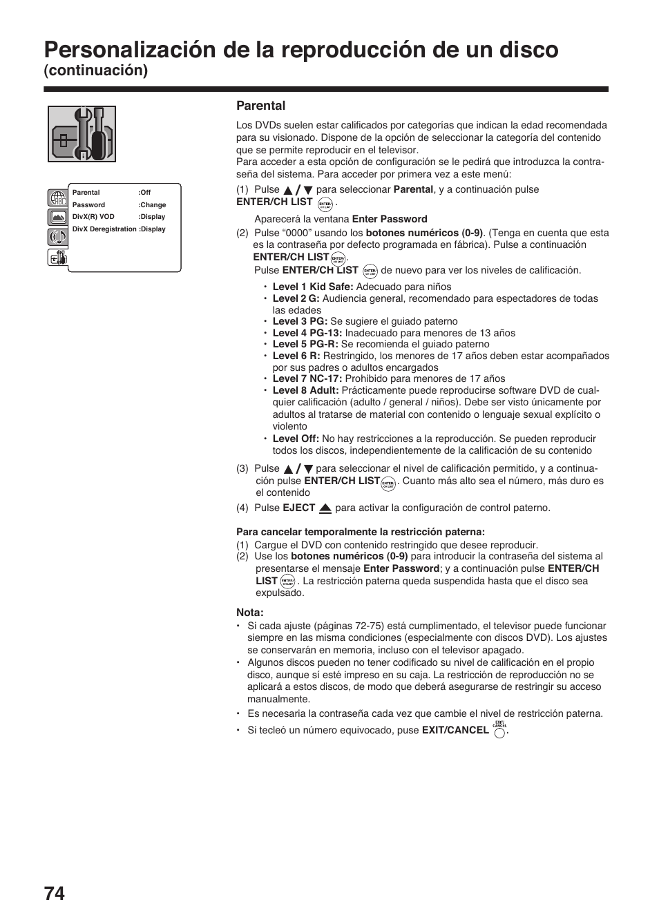 Personalización de la reproducción de un disco, Continuación), Parental | Toshiba DV734 User Manual | Page 74 / 96