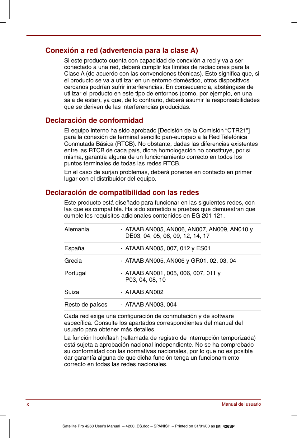 Conexión a red (advertencia para la clase a), Declaración de conformidad, Declaración de compatibilidad con las redes | Toshiba Satellite Pro 4280 User Manual | Page 10 / 238