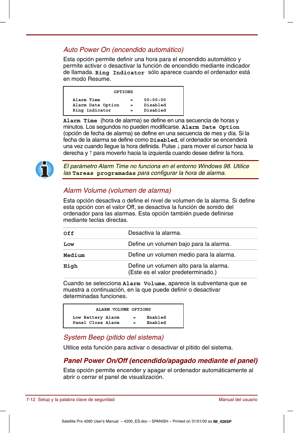 Auto power on (encendido automático), Alarm volume (volumen de alarma), System beep (pitido del sistema) | Toshiba Satellite Pro 4280 User Manual | Page 106 / 238