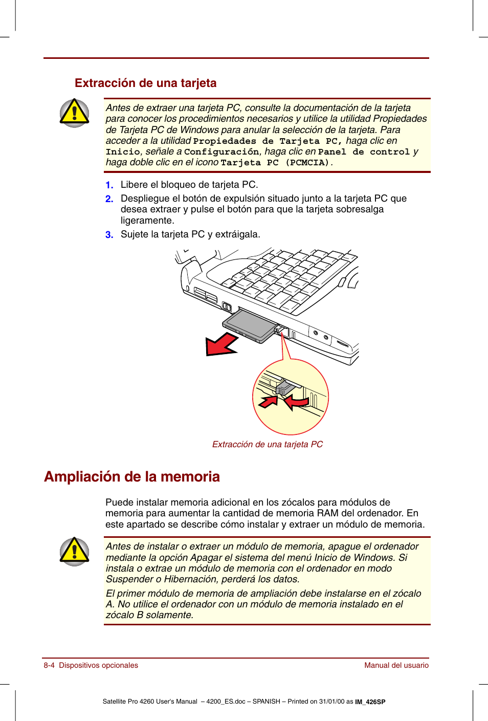 Ampliación de la memoria, Extracción de una tarjeta -4, Ampliación de la memoria -4 | Extracción de una tarjeta | Toshiba Satellite Pro 4280 User Manual | Page 122 / 238