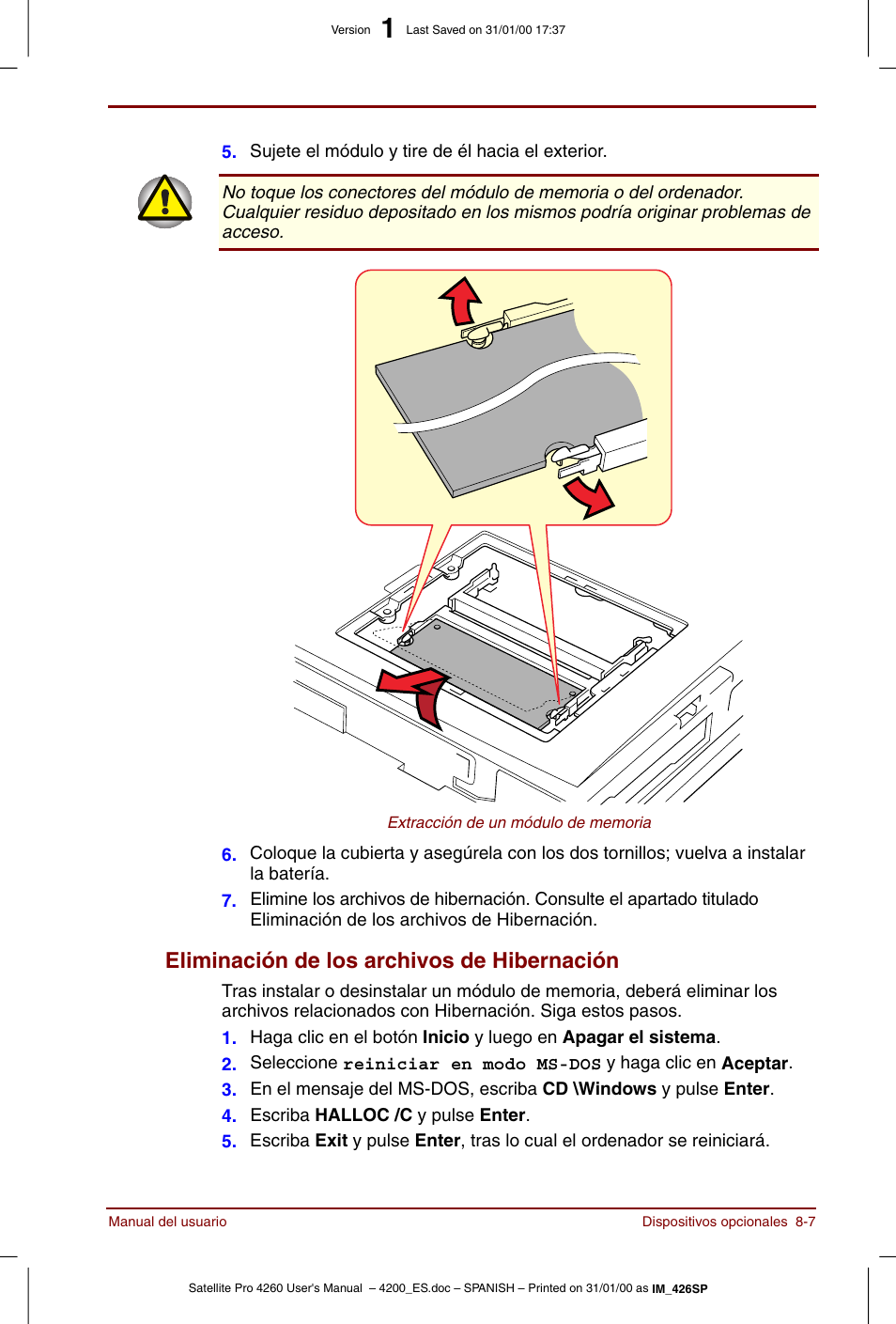 Eliminación de los archivos de hibernación -7, Eliminación de los archivos de hibernación | Toshiba Satellite Pro 4280 User Manual | Page 125 / 238