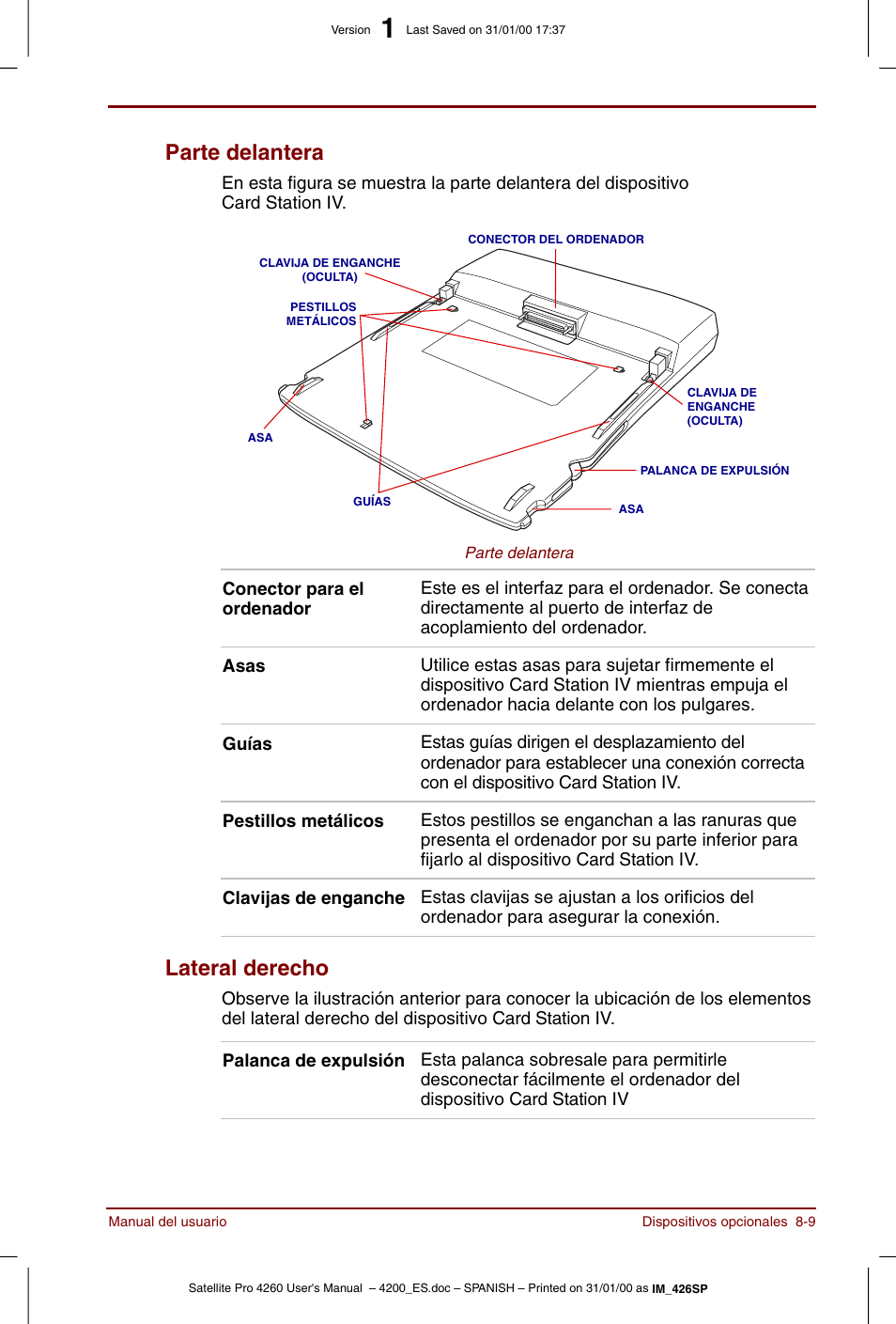 Parte delantera -9 lateral derecho -9, Parte delantera, Lateral derecho | Toshiba Satellite Pro 4280 User Manual | Page 127 / 238
