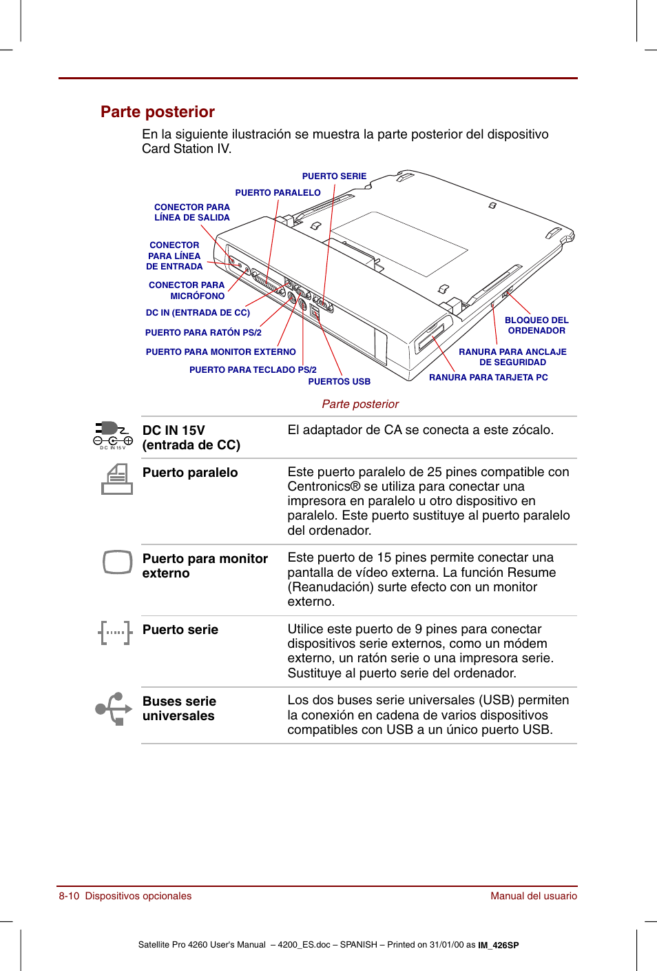 Parte posterior -10, Parte posterior | Toshiba Satellite Pro 4280 User Manual | Page 128 / 238