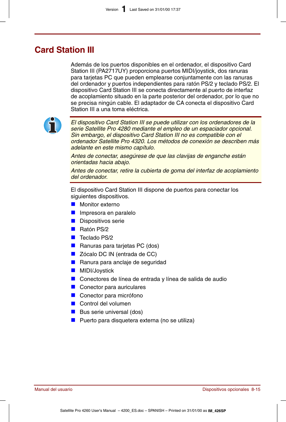 Card station€iii, Card station iii -15, Card station iii | Toshiba Satellite Pro 4280 User Manual | Page 133 / 238