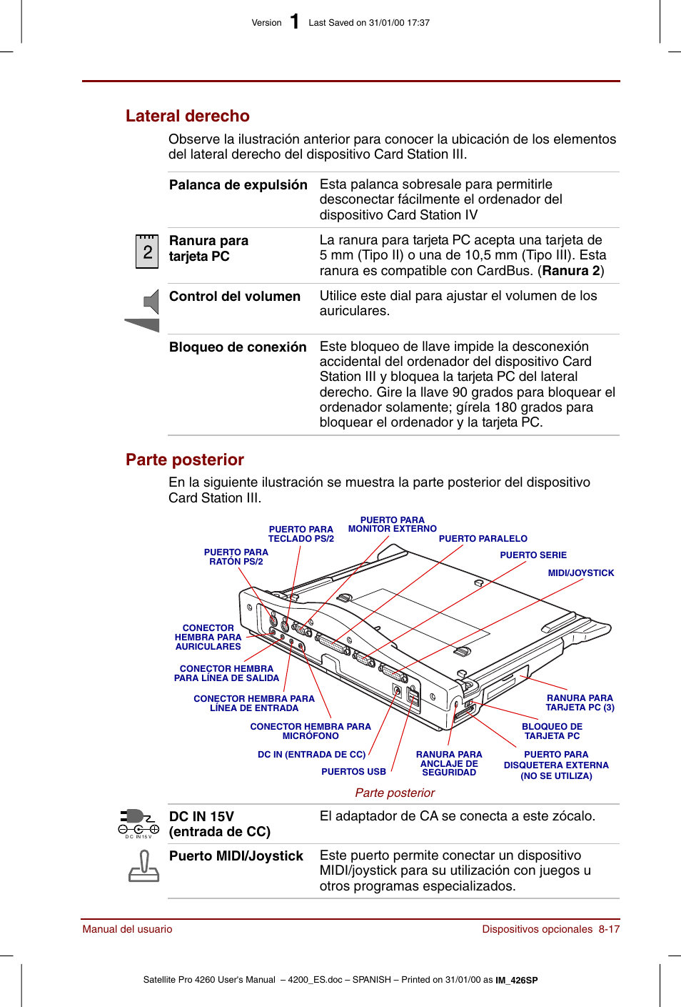 Lateral derecho -17 parte posterior -17, Lateral derecho, Parte posterior | Toshiba Satellite Pro 4280 User Manual | Page 135 / 238