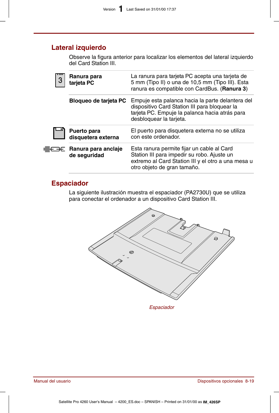 Lateral izquierdo -19 espaciador -19, Lateral izquierdo, Espaciador | Toshiba Satellite Pro 4280 User Manual | Page 137 / 238