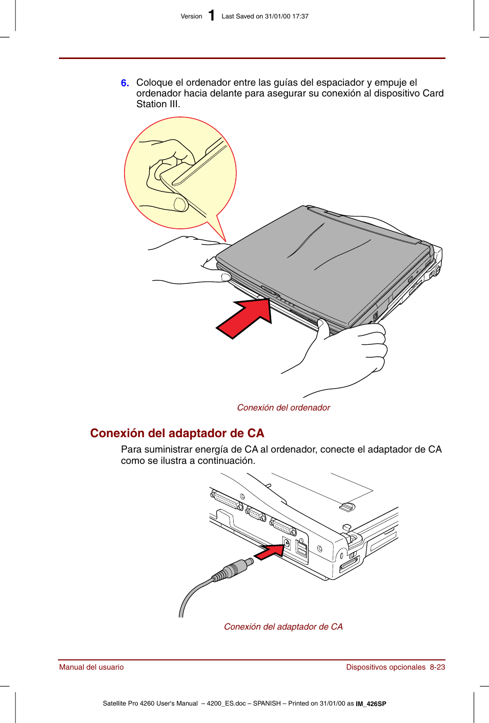 Conexión del adaptador de ca -23, Conexión del adaptador de ca | Toshiba Satellite Pro 4280 User Manual | Page 141 / 238