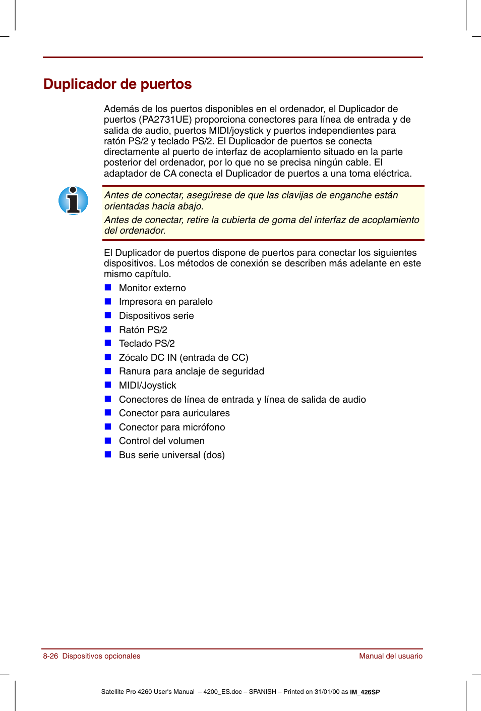 Duplicador de puertos, Duplicador de puertos -26 | Toshiba Satellite Pro 4280 User Manual | Page 144 / 238