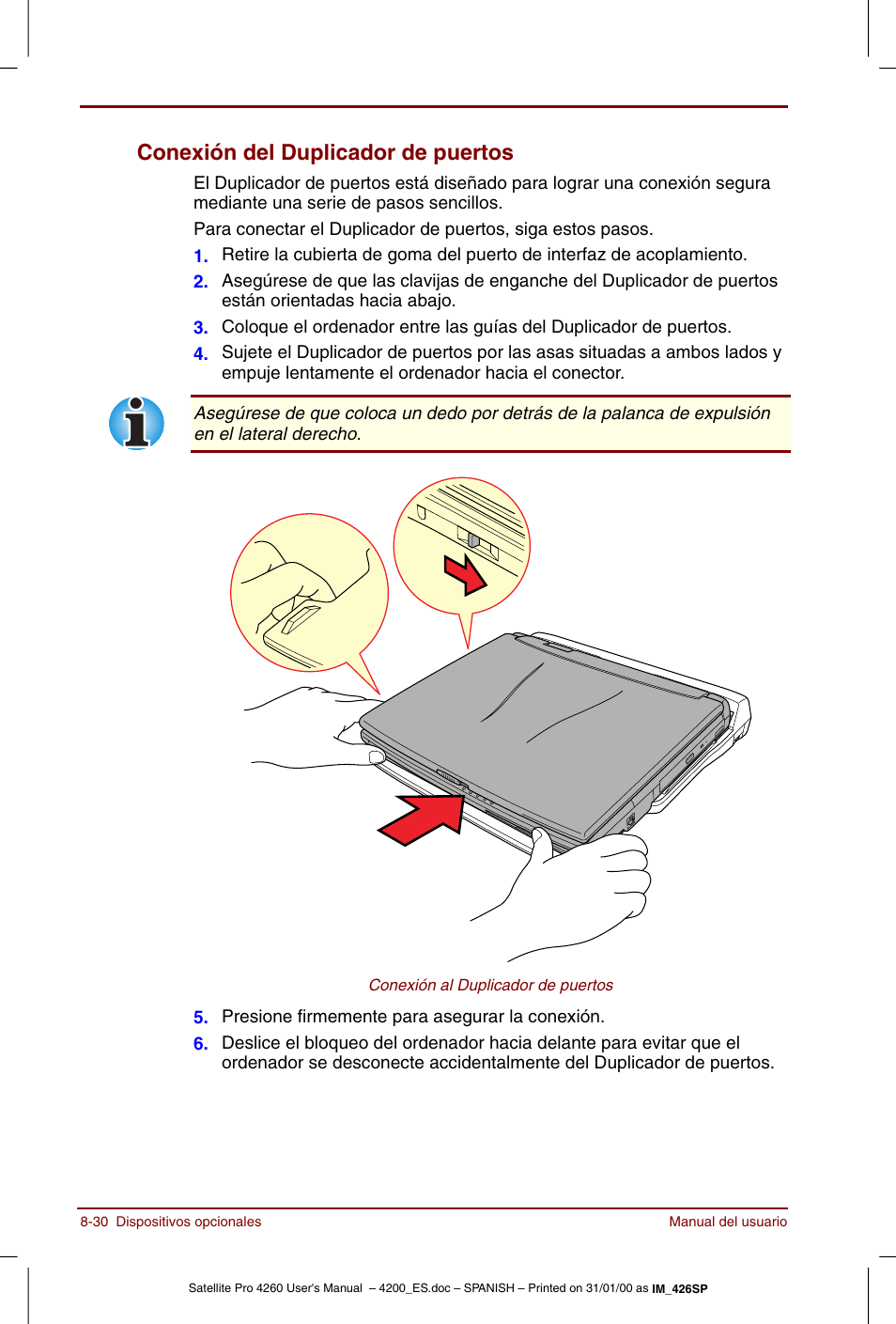 Conexión del duplicador de puertos -30, Conexión del duplicador de puertos | Toshiba Satellite Pro 4280 User Manual | Page 148 / 238