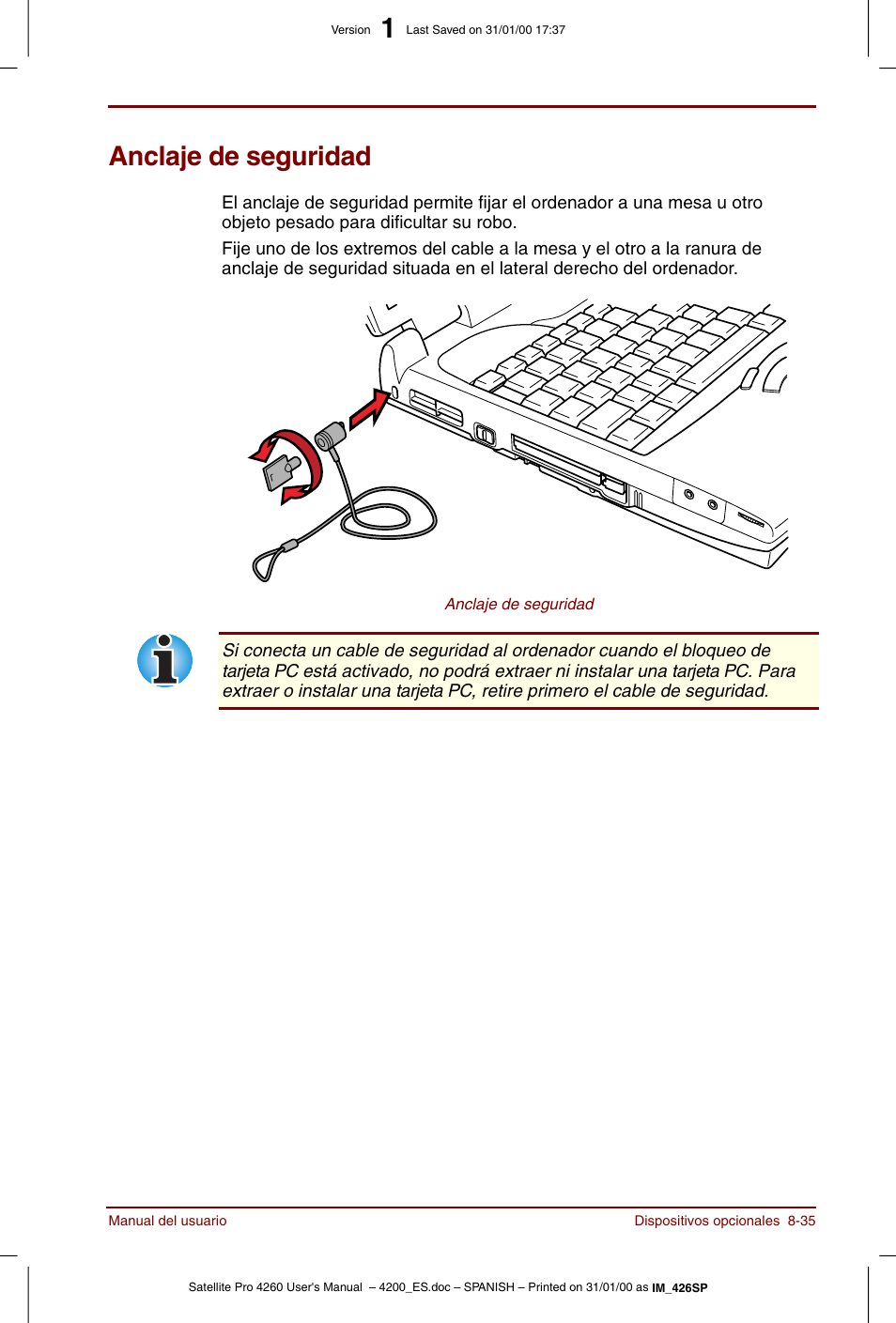 Anclaje de seguridad, Anclaje de seguridad -35 | Toshiba Satellite Pro 4280 User Manual | Page 153 / 238