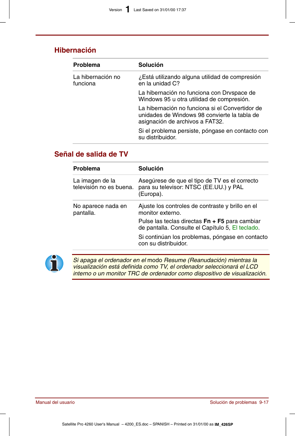Hibernación -17 señal de salida de tv -17, Hibernación, Señal de salida de tv | Toshiba Satellite Pro 4280 User Manual | Page 171 / 238