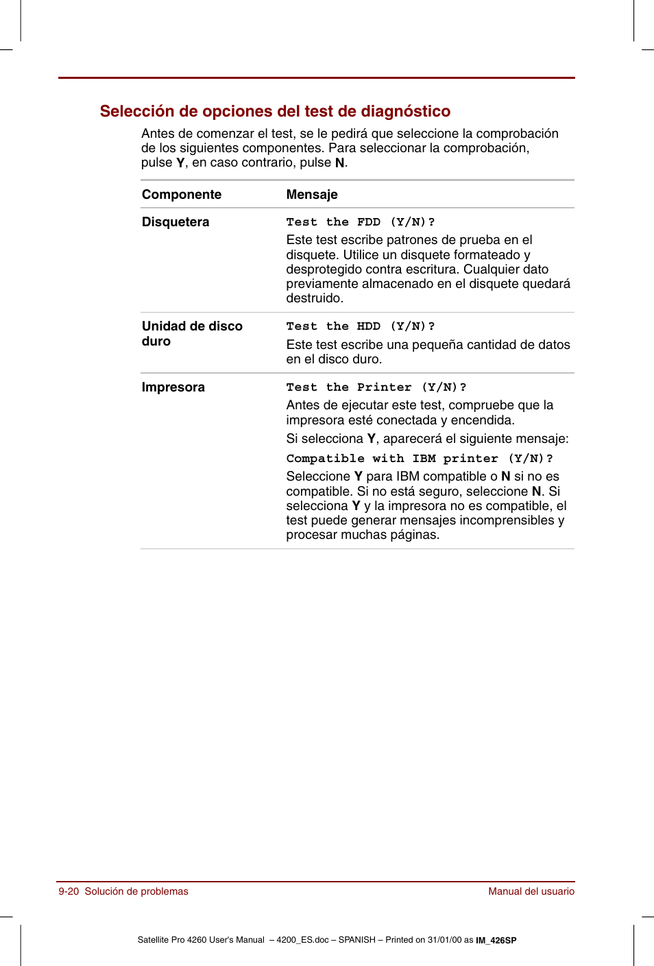 Selección de opciones del test de diagnóstico -20, Selección de opciones del test de diagnóstico | Toshiba Satellite Pro 4280 User Manual | Page 174 / 238