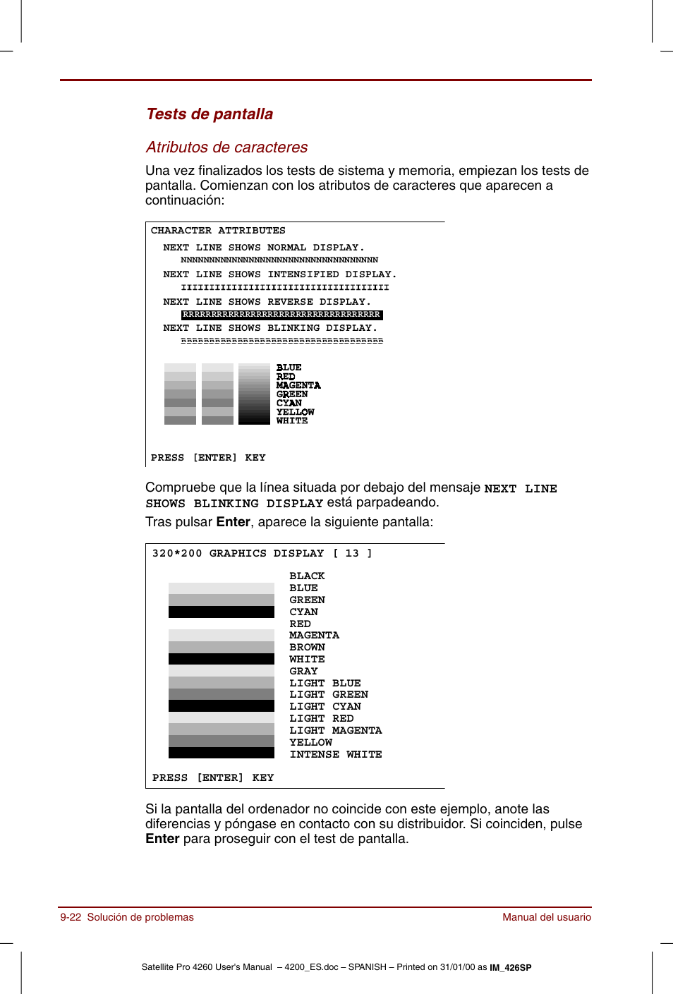 Tests de pantalla atributos de caracteres | Toshiba Satellite Pro 4280 User Manual | Page 176 / 238