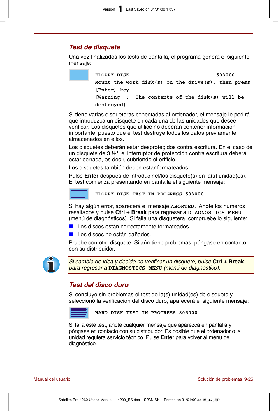 Test de disquete, Test del disco duro | Toshiba Satellite Pro 4280 User Manual | Page 179 / 238