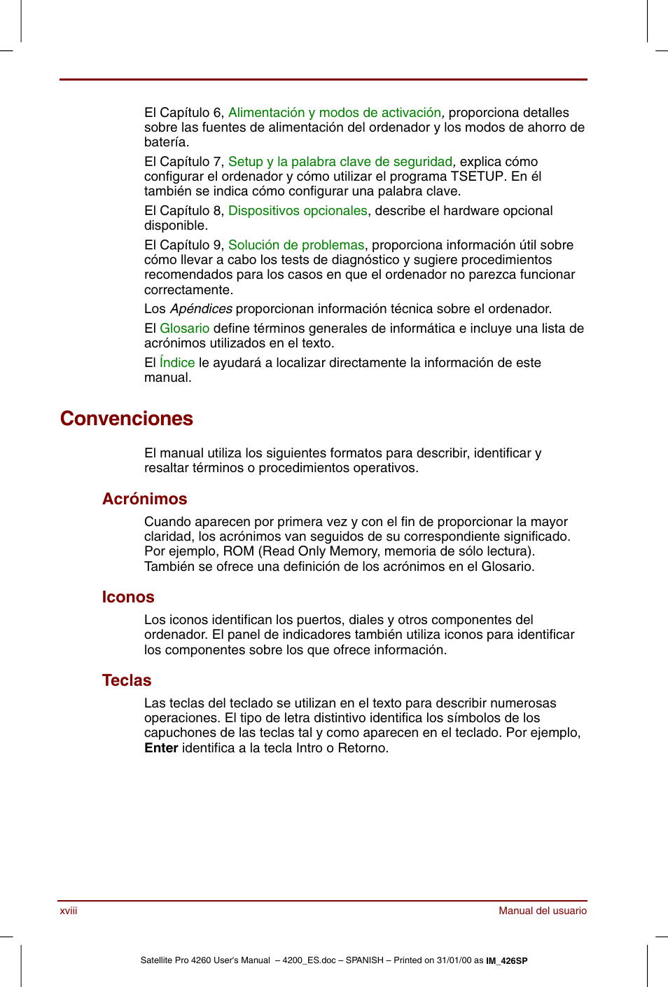 Convenciones, Acrónimos, Iconos | Teclas | Toshiba Satellite Pro 4280 User Manual | Page 18 / 238