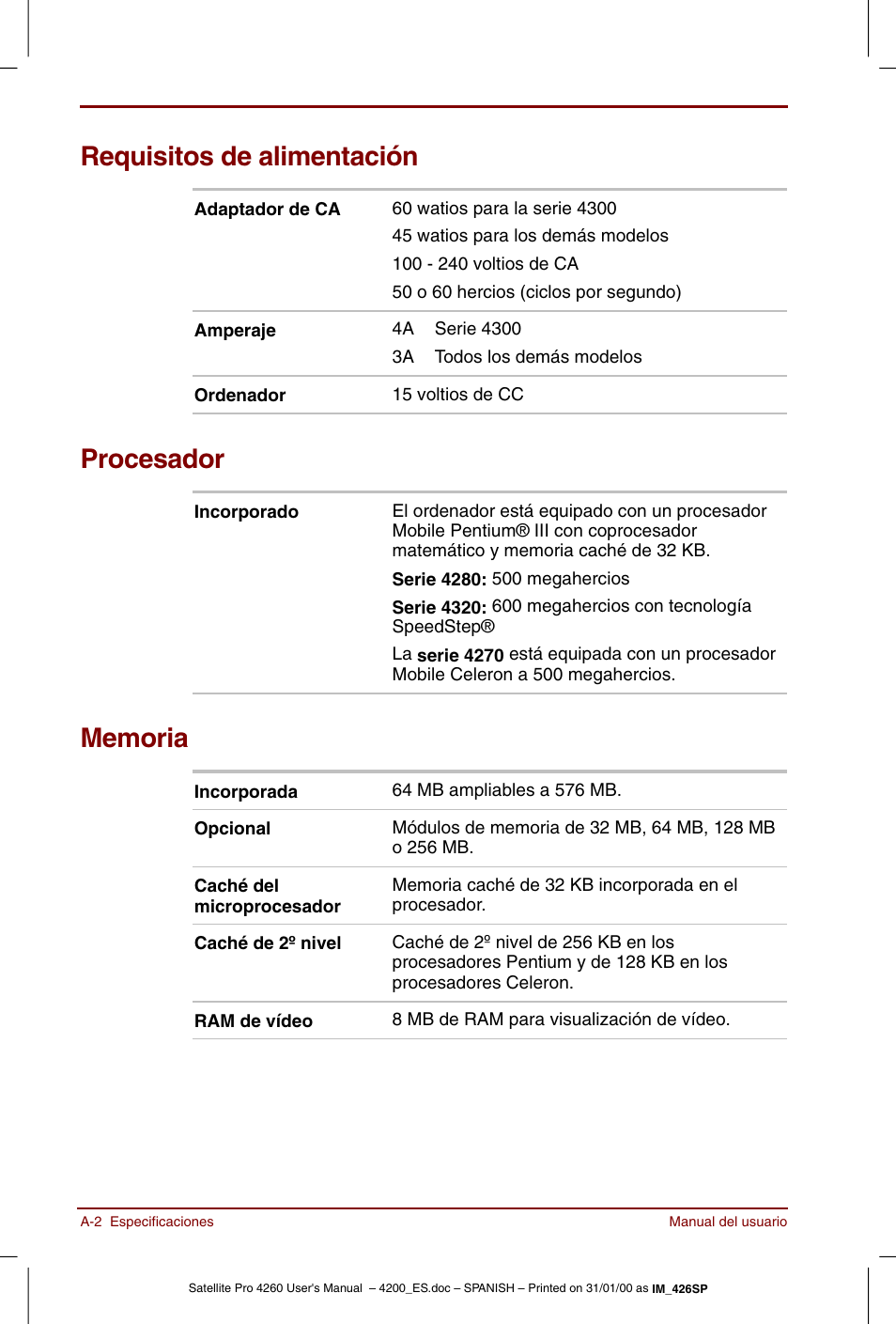 Requisitos de alimentación, Procesador | Toshiba Satellite Pro 4280 User Manual | Page 184 / 238