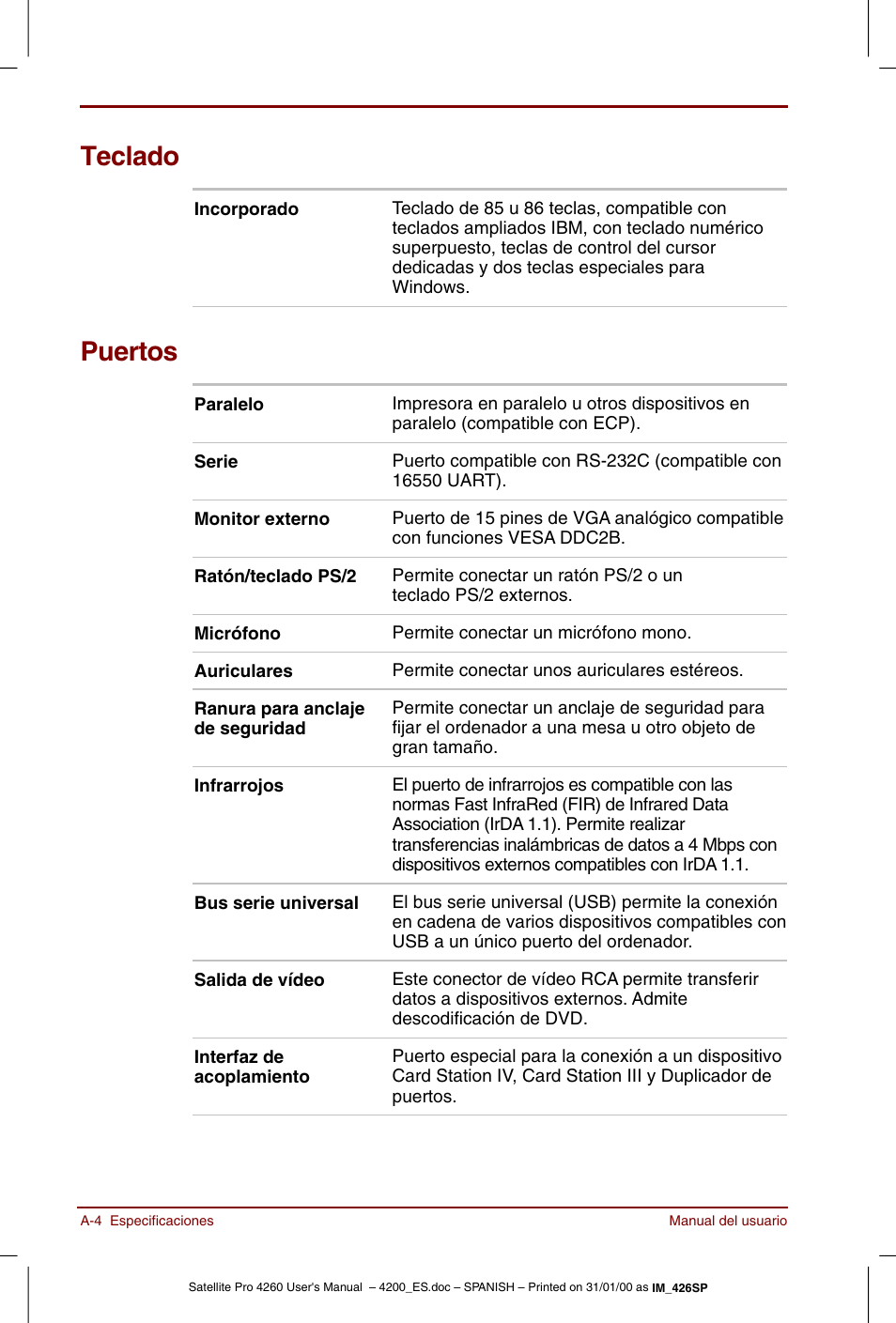 Teclado, Puertos | Toshiba Satellite Pro 4280 User Manual | Page 186 / 238