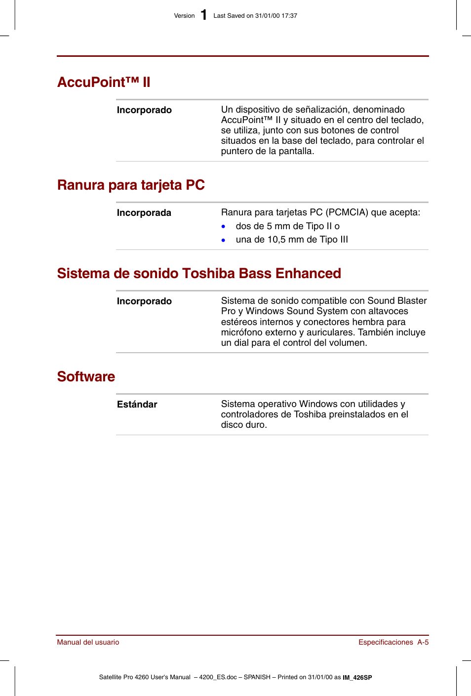 Accupoint™ ii, Ranura para tarjeta pc, Sistema de sonido toshiba bass enhanced | Software | Toshiba Satellite Pro 4280 User Manual | Page 187 / 238