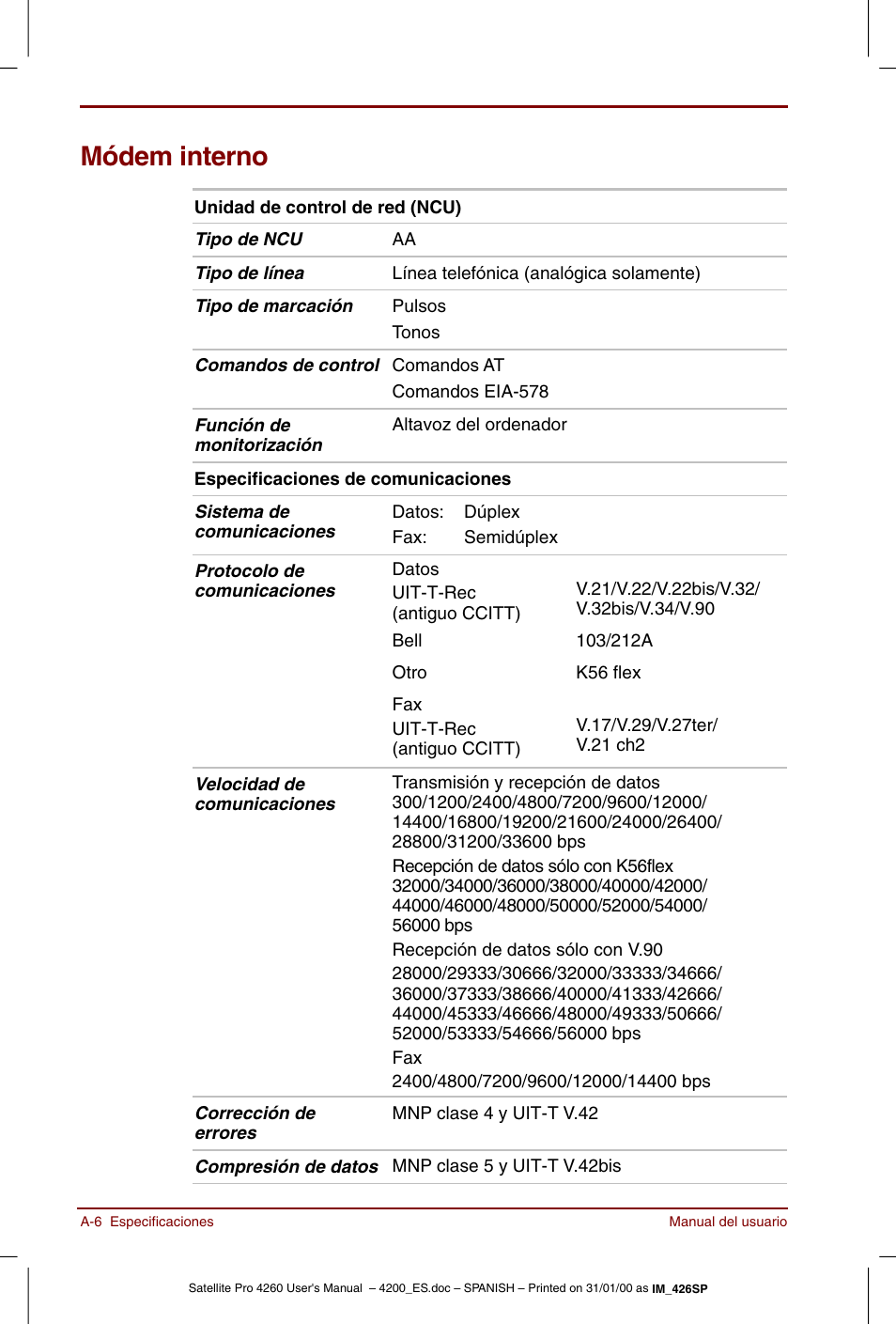 Módem interno | Toshiba Satellite Pro 4280 User Manual | Page 188 / 238