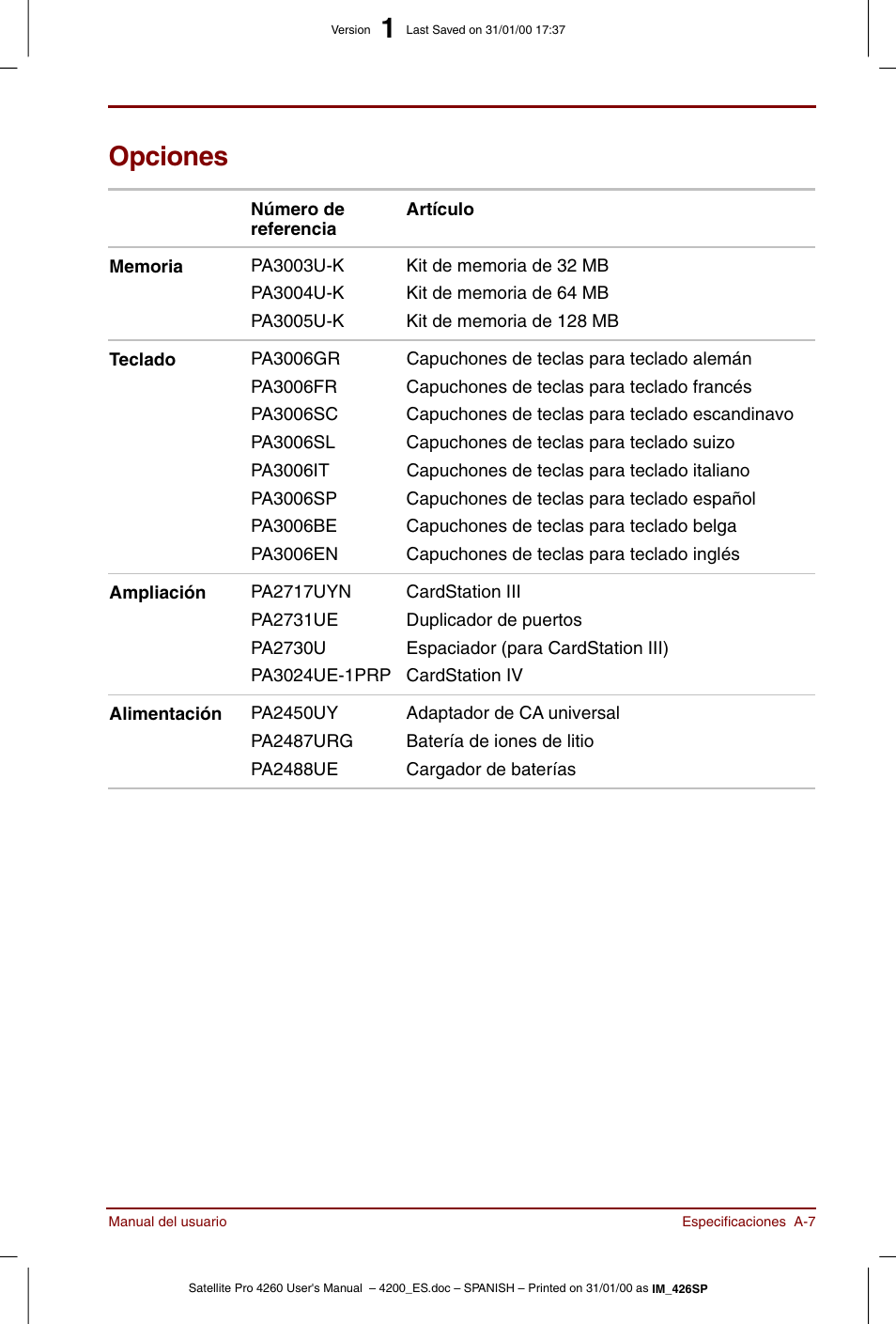 Opciones | Toshiba Satellite Pro 4280 User Manual | Page 189 / 238