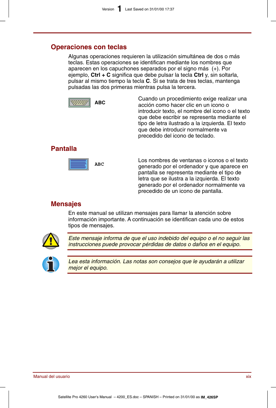 Operaciones con teclas, Pantalla, Mensajes | Toshiba Satellite Pro 4280 User Manual | Page 19 / 238