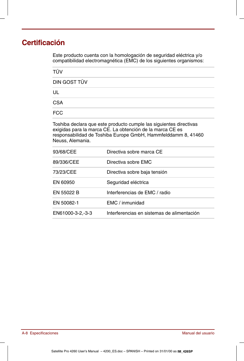 Certificación | Toshiba Satellite Pro 4280 User Manual | Page 190 / 238