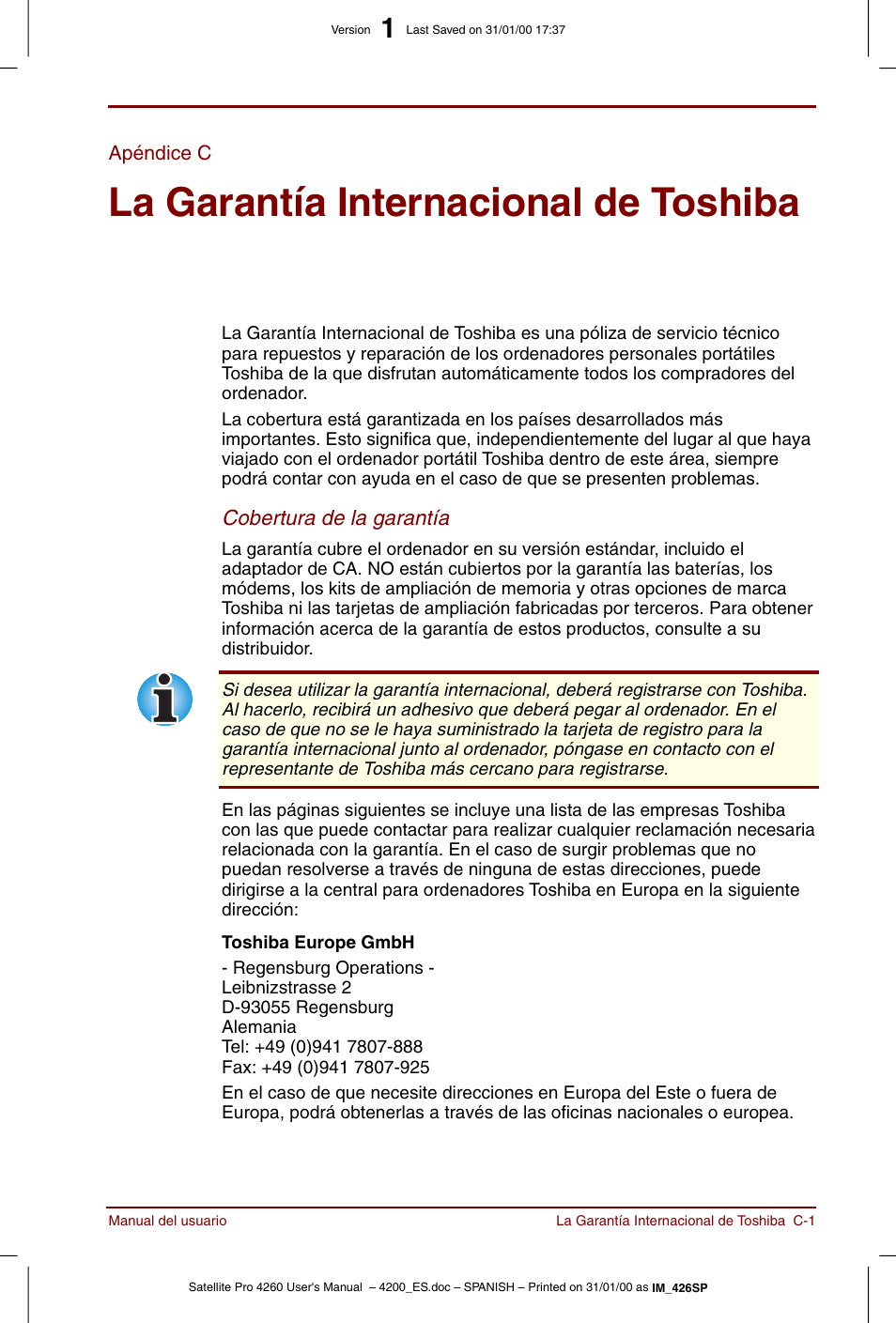 Apéndice c, La garantía internacional de toshiba | Toshiba Satellite Pro 4280 User Manual | Page 193 / 238