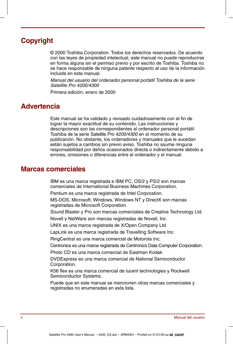 Copyright, Advertencia, Marcas comerciales | Toshiba Satellite Pro 4280 User Manual | Page 2 / 238