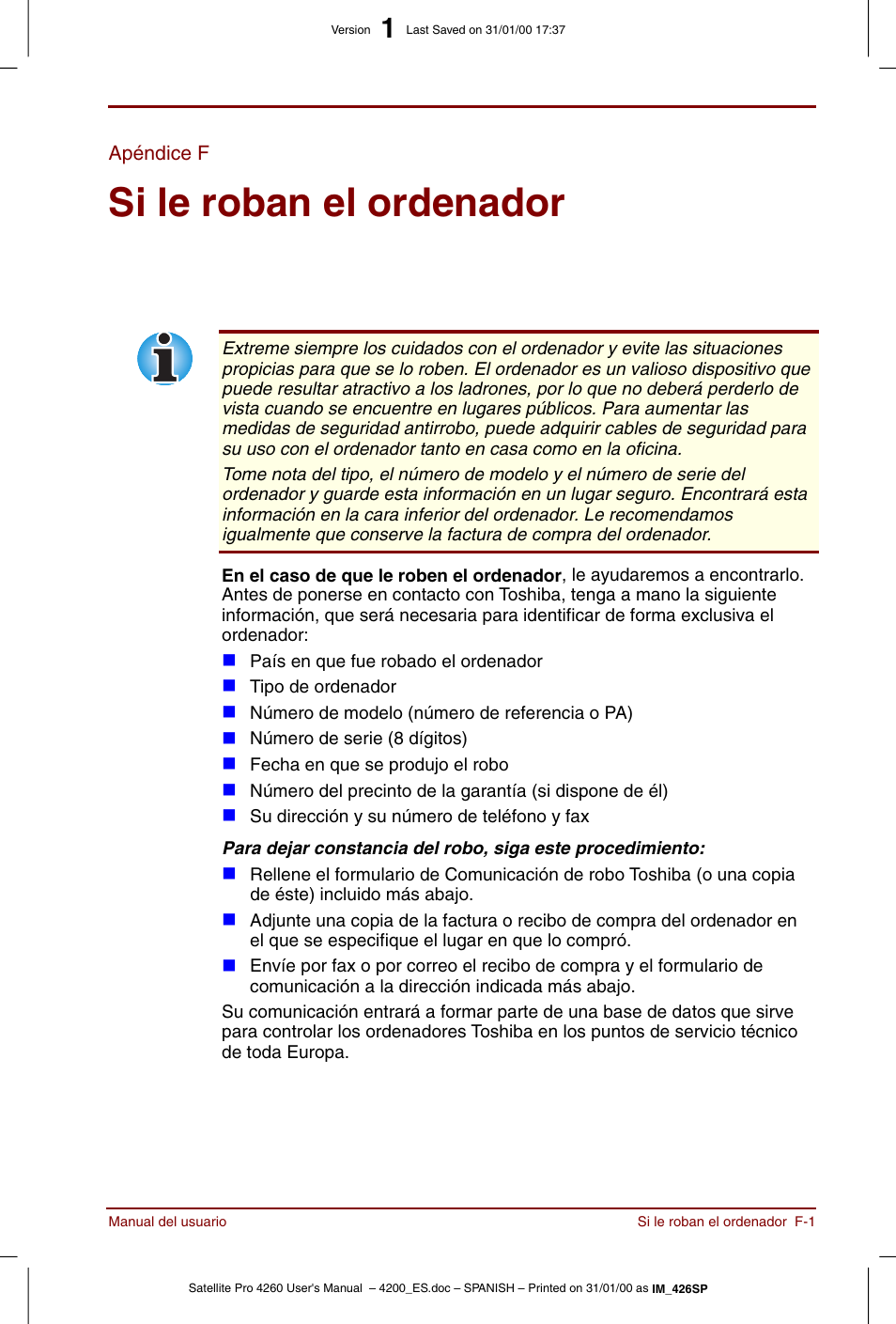 Apéndice f, Si le roban el ordenador | Toshiba Satellite Pro 4280 User Manual | Page 207 / 238