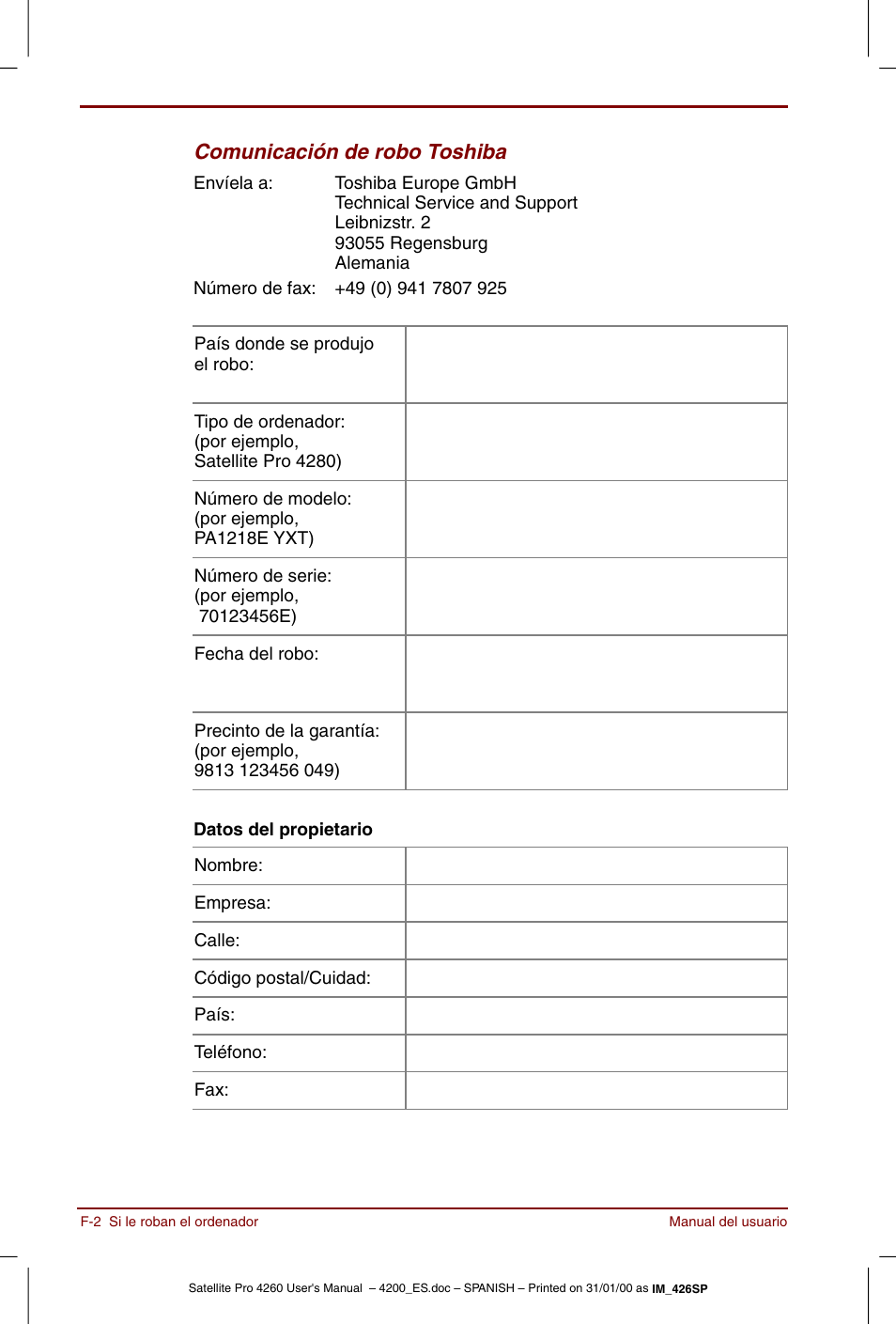Comunicación de robo toshiba | Toshiba Satellite Pro 4280 User Manual | Page 208 / 238