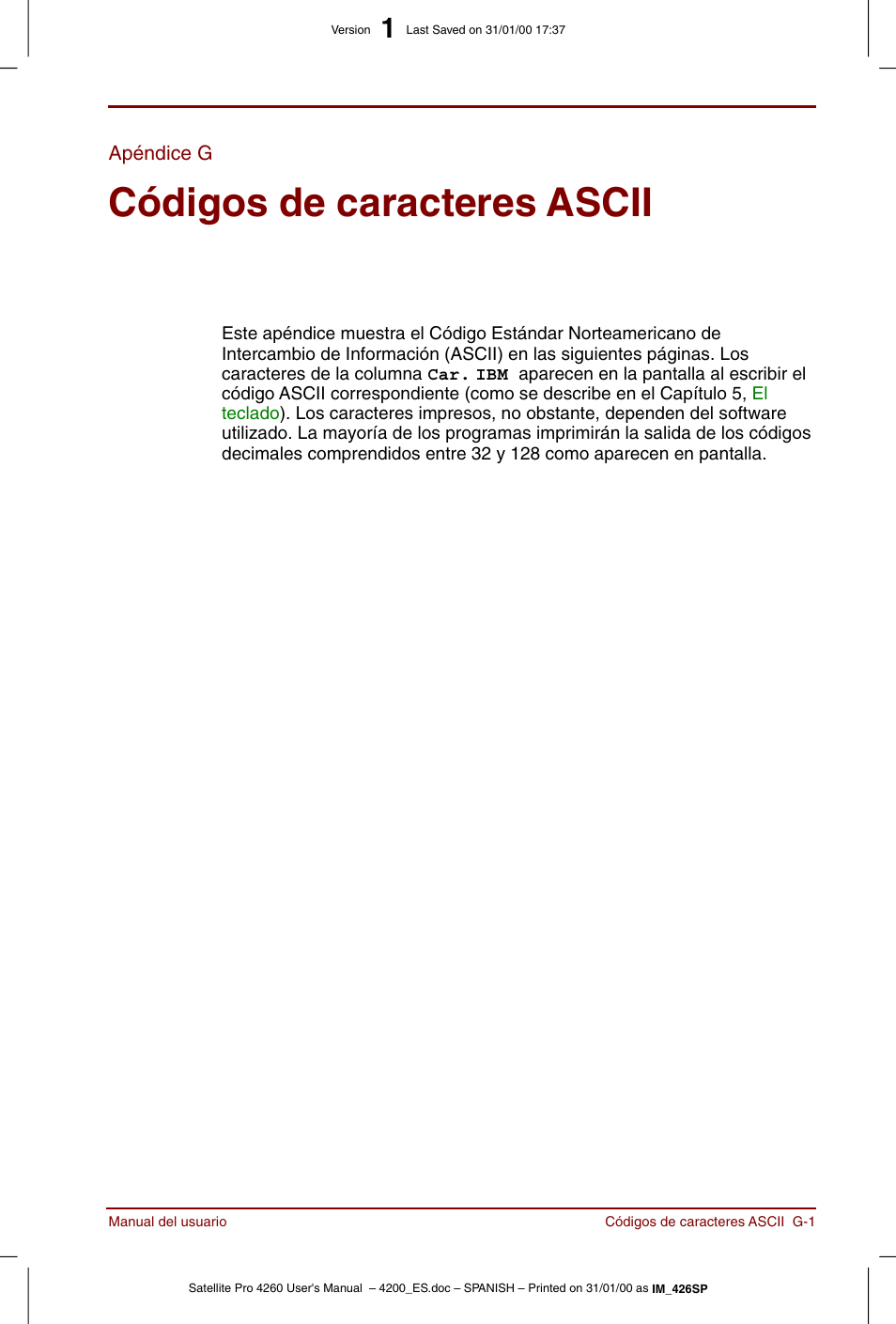 Apéndice g, Códigos de caracteres ascii | Toshiba Satellite Pro 4280 User Manual | Page 209 / 238