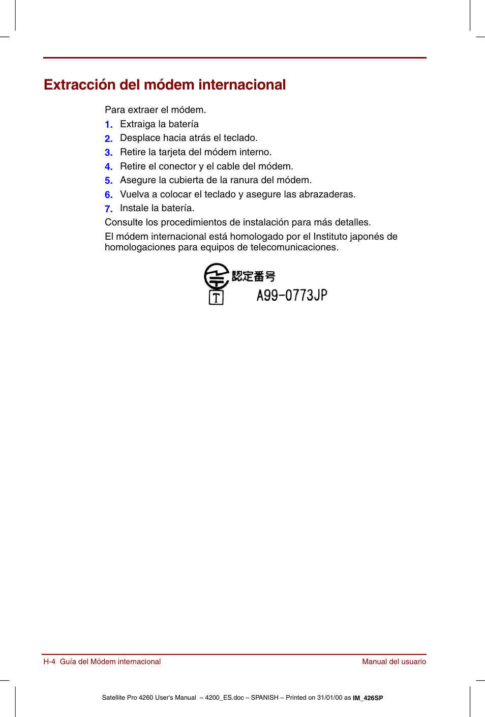 Extracción del módem internacional | Toshiba Satellite Pro 4280 User Manual | Page 218 / 238