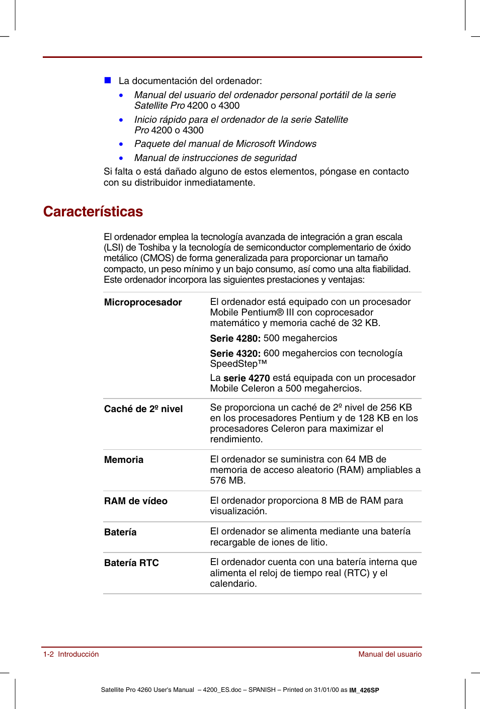 Características, Características -2 | Toshiba Satellite Pro 4280 User Manual | Page 22 / 238