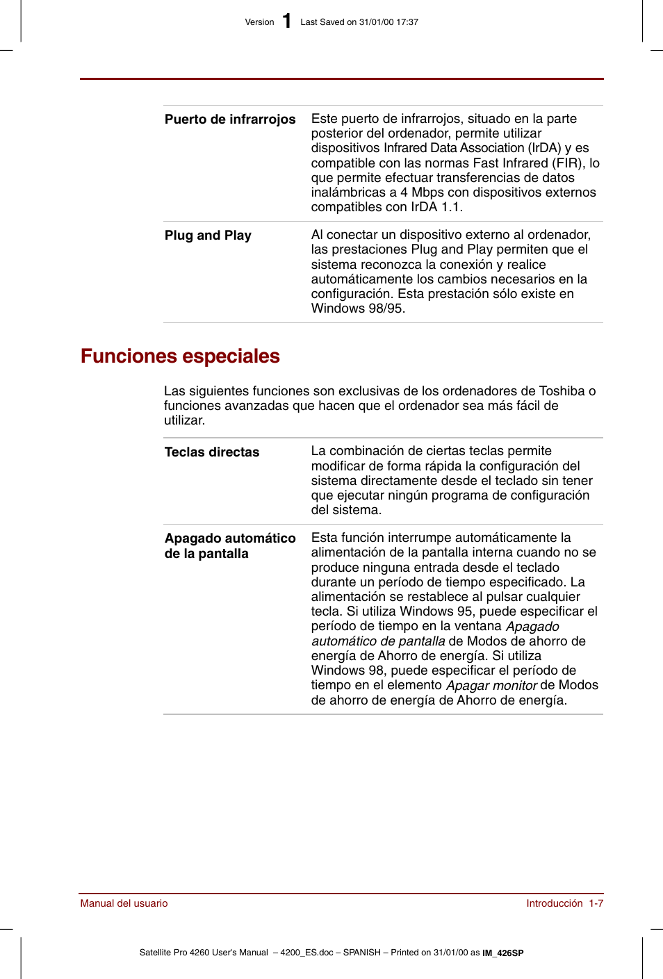 Funciones especiales, Funciones especiales -7 | Toshiba Satellite Pro 4280 User Manual | Page 27 / 238