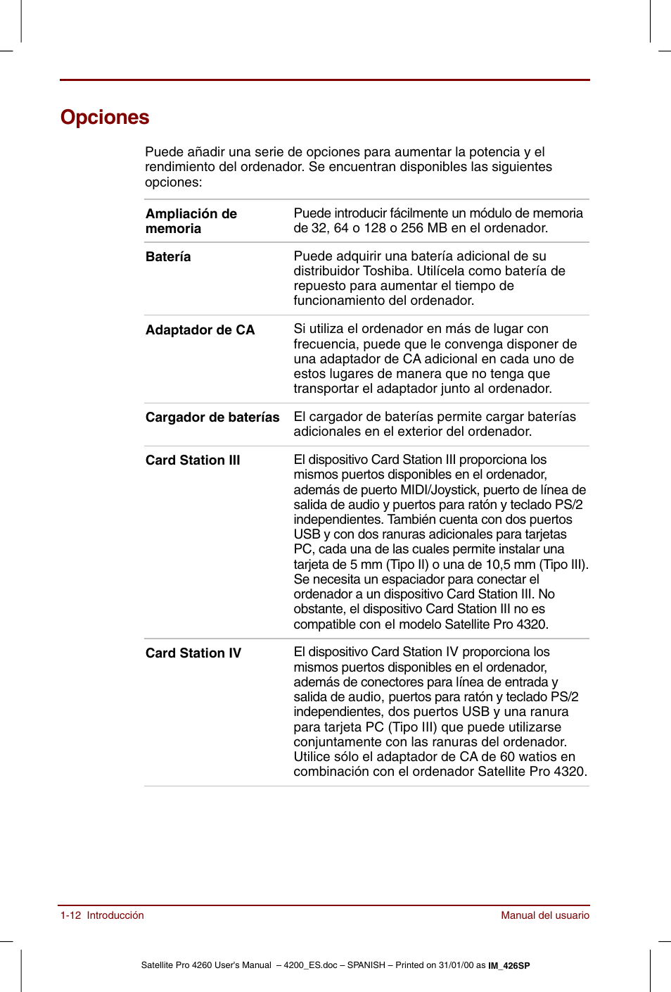 Opciones, Opciones -12 | Toshiba Satellite Pro 4280 User Manual | Page 32 / 238