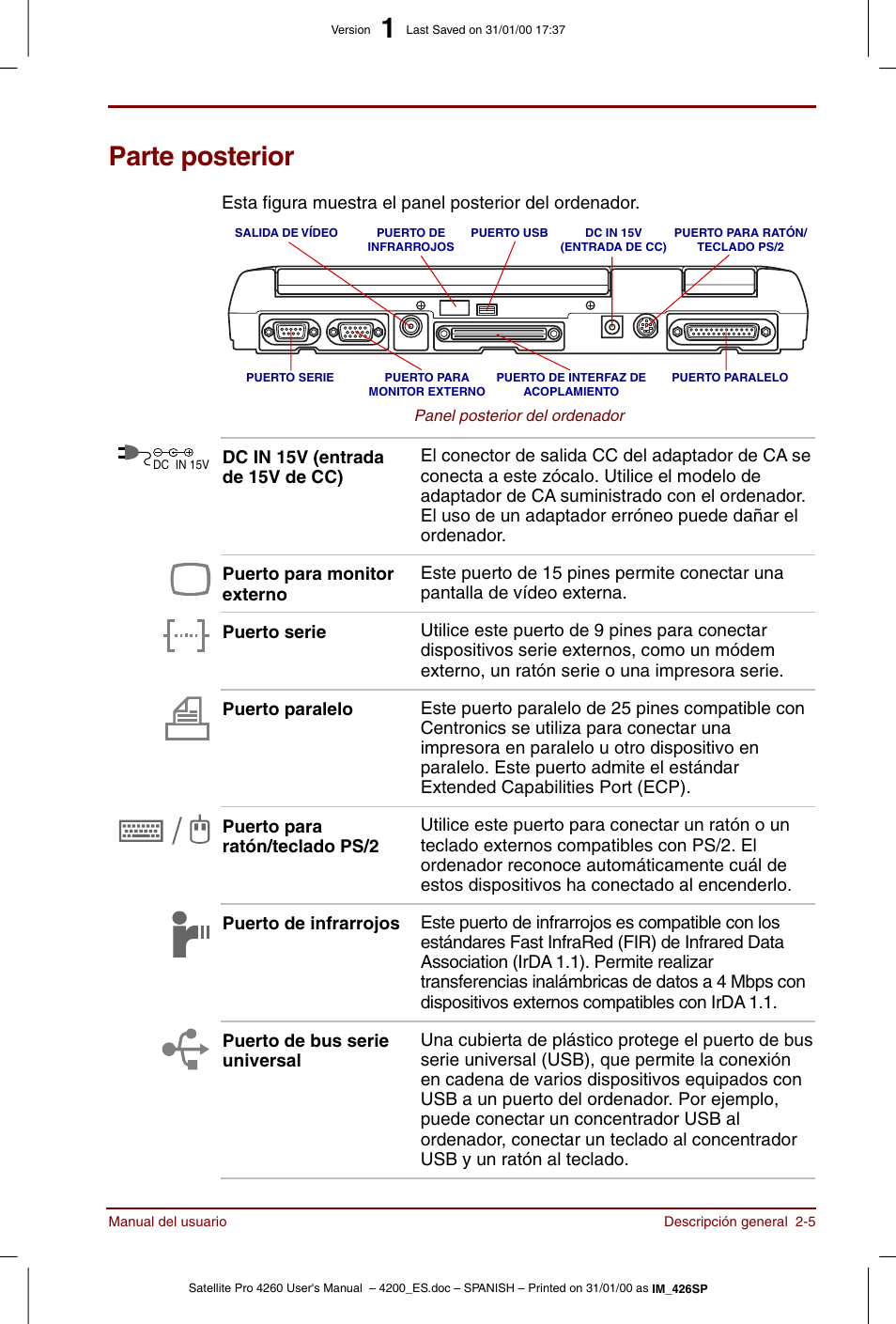 Parte posterior, Parte posterior -5 | Toshiba Satellite Pro 4280 User Manual | Page 39 / 238