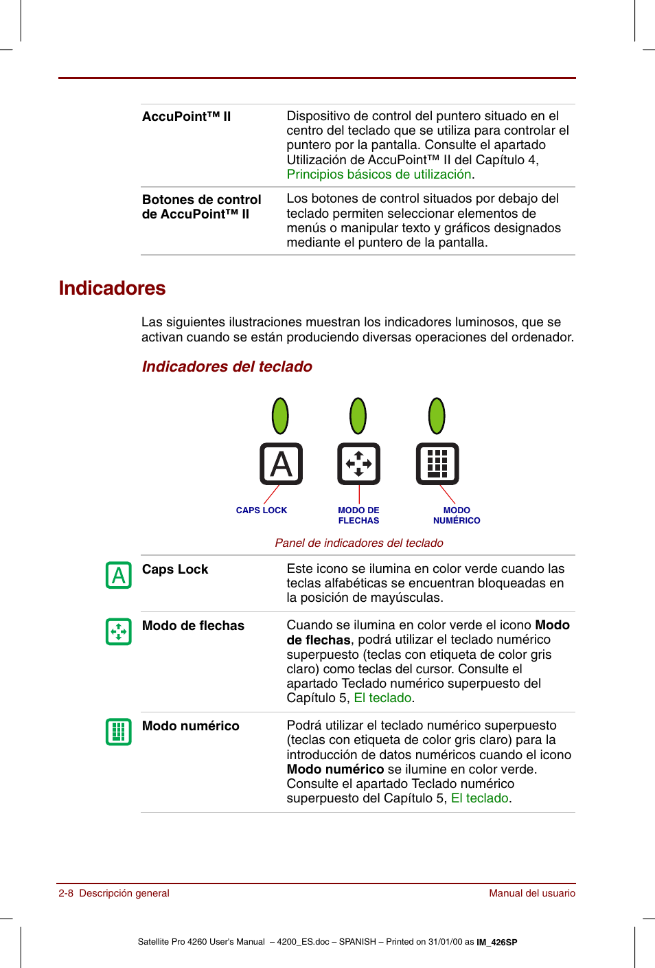 Indicadores, Indicadores -8, Indicadores del teclado | Toshiba Satellite Pro 4280 User Manual | Page 42 / 238