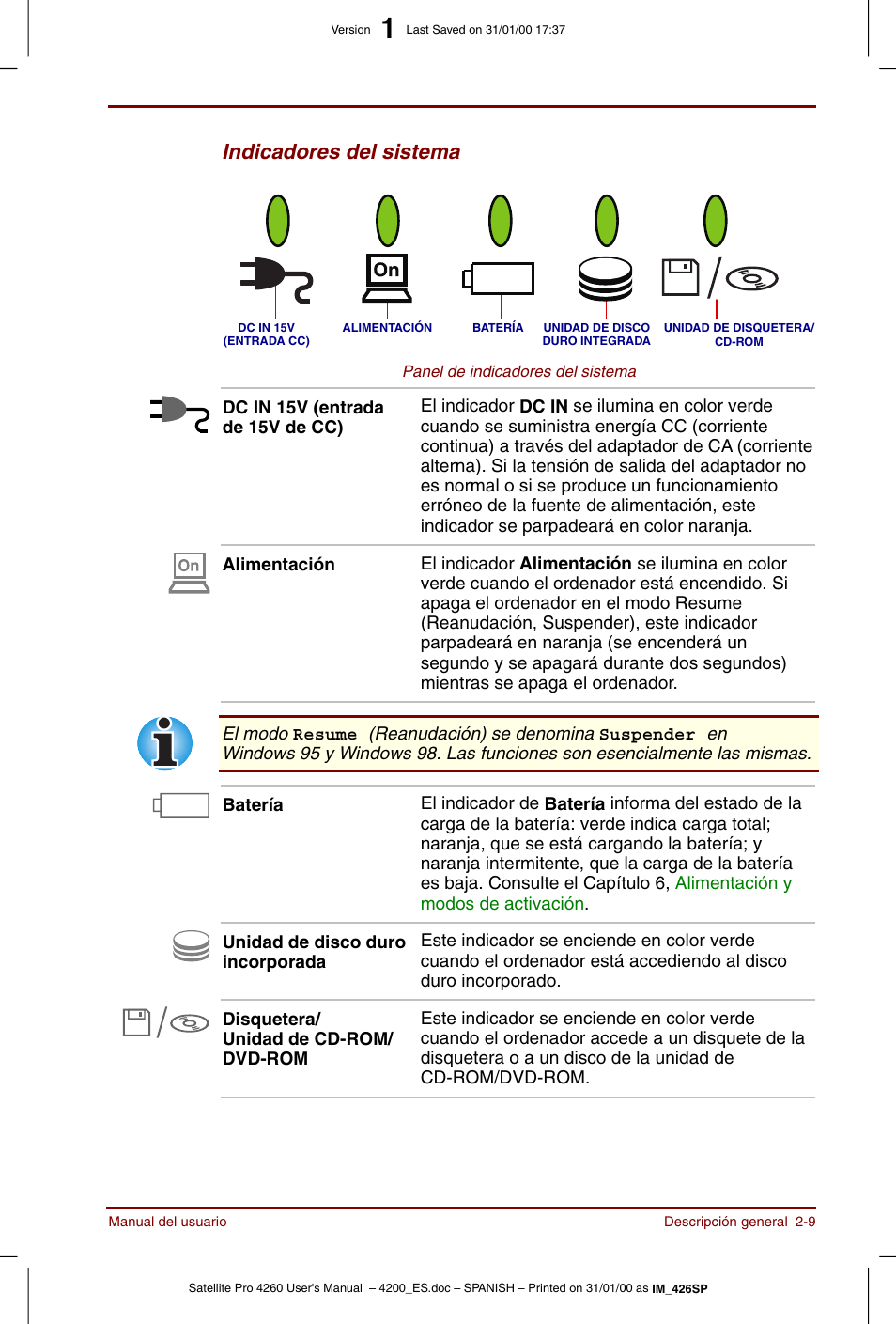 Indicadores del sistema | Toshiba Satellite Pro 4280 User Manual | Page 43 / 238