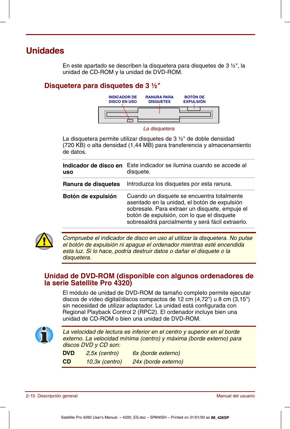 Unidades, Unidades -10, Disquetera para disquetes de 3 | Toshiba Satellite Pro 4280 User Manual | Page 44 / 238
