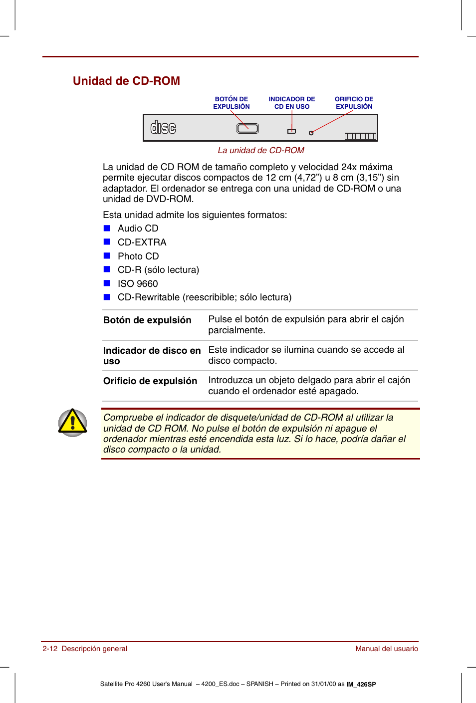 Unidad de cd-rom -12, Unidad de cd-rom | Toshiba Satellite Pro 4280 User Manual | Page 46 / 238